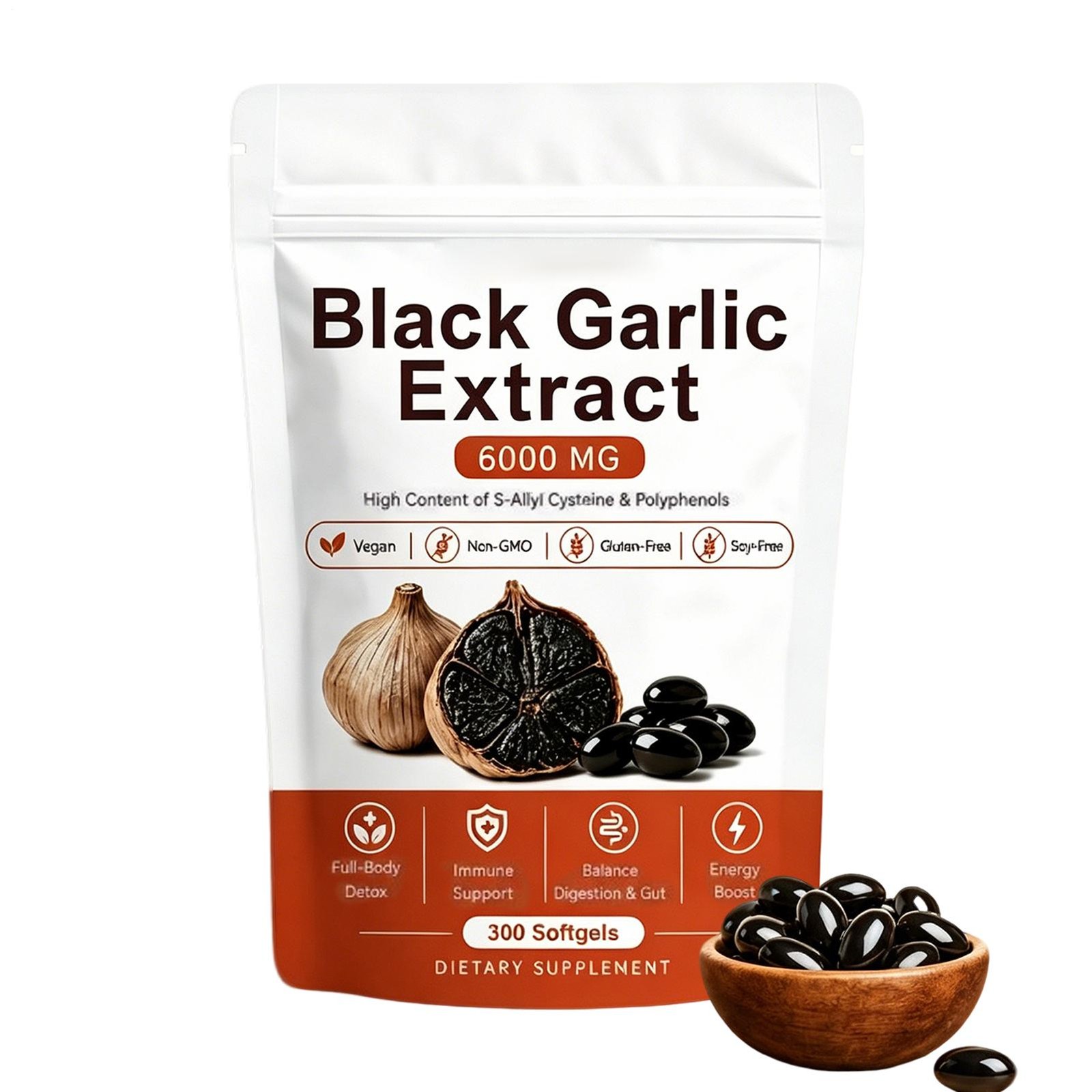 Garlic Black Extract Softgels 300ct, Odorless Vegan Non-GMO Supplement （1-2 pk）