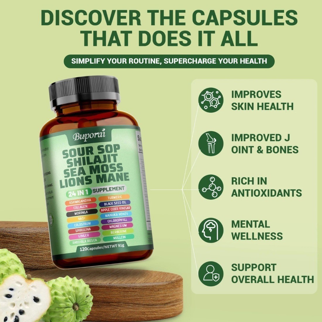 24 in 1 Soursop Dietary Supplement Skin Joint Bone Health Support NEW