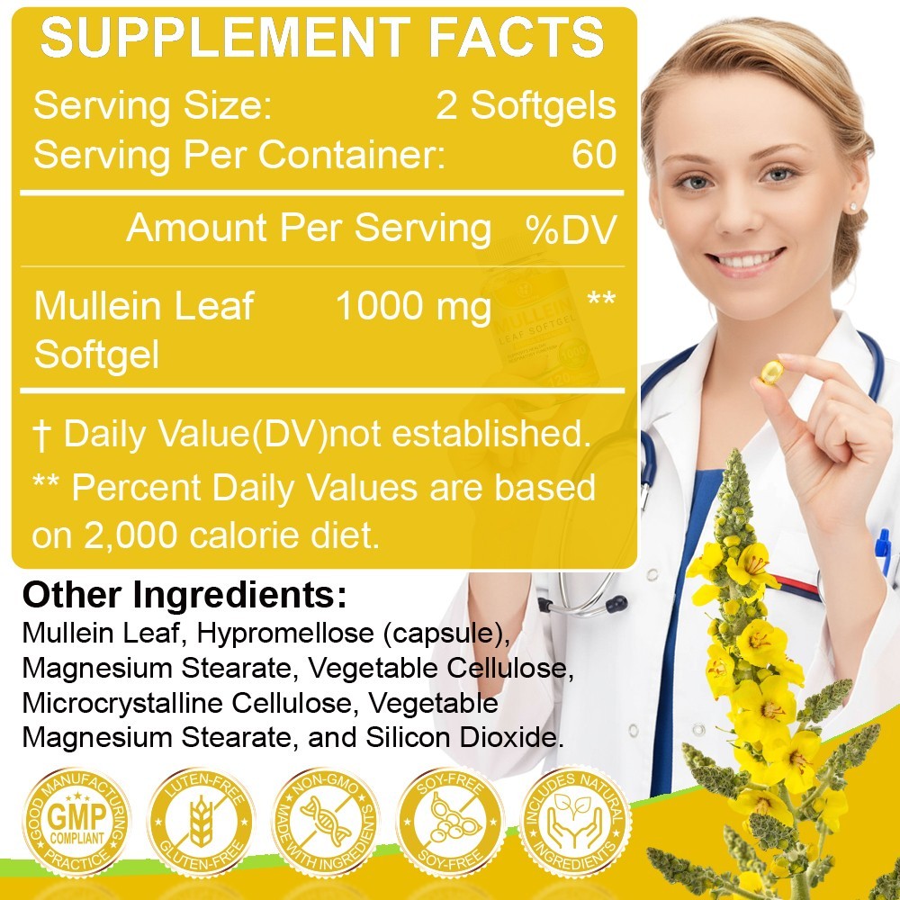 Mullein Leaf Capsules 1000mg – Support Lung Cleanse Respiratory Health Vegan