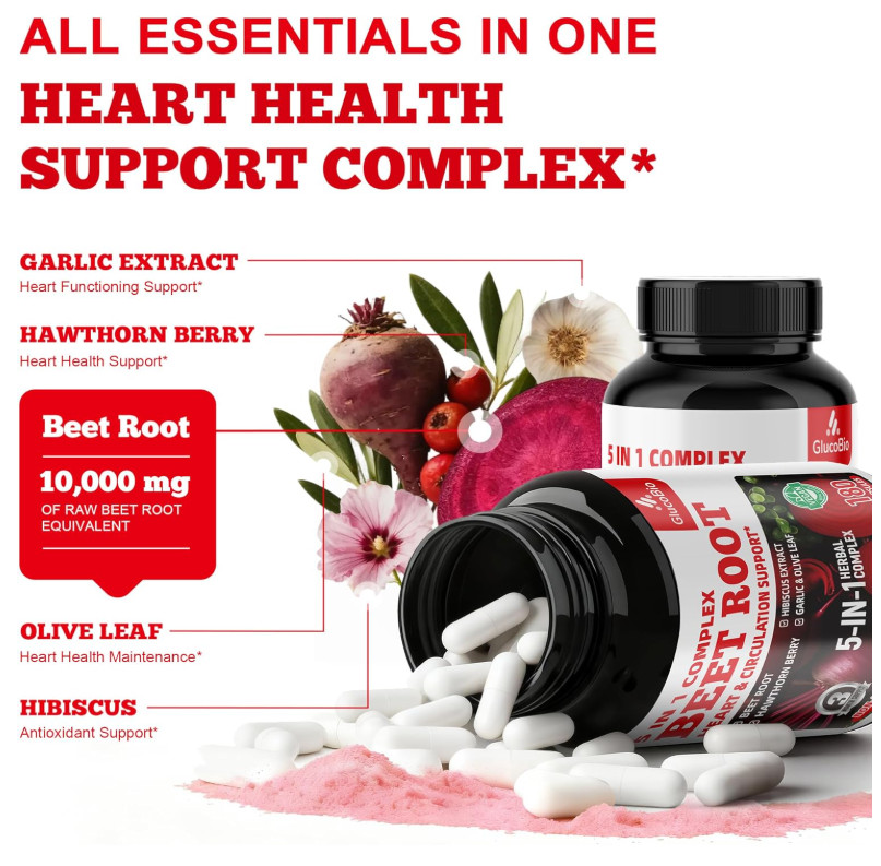 GlucoBio Beet Root Capsules Nitric Oxide Blood Pressure Support Heart 180 Count