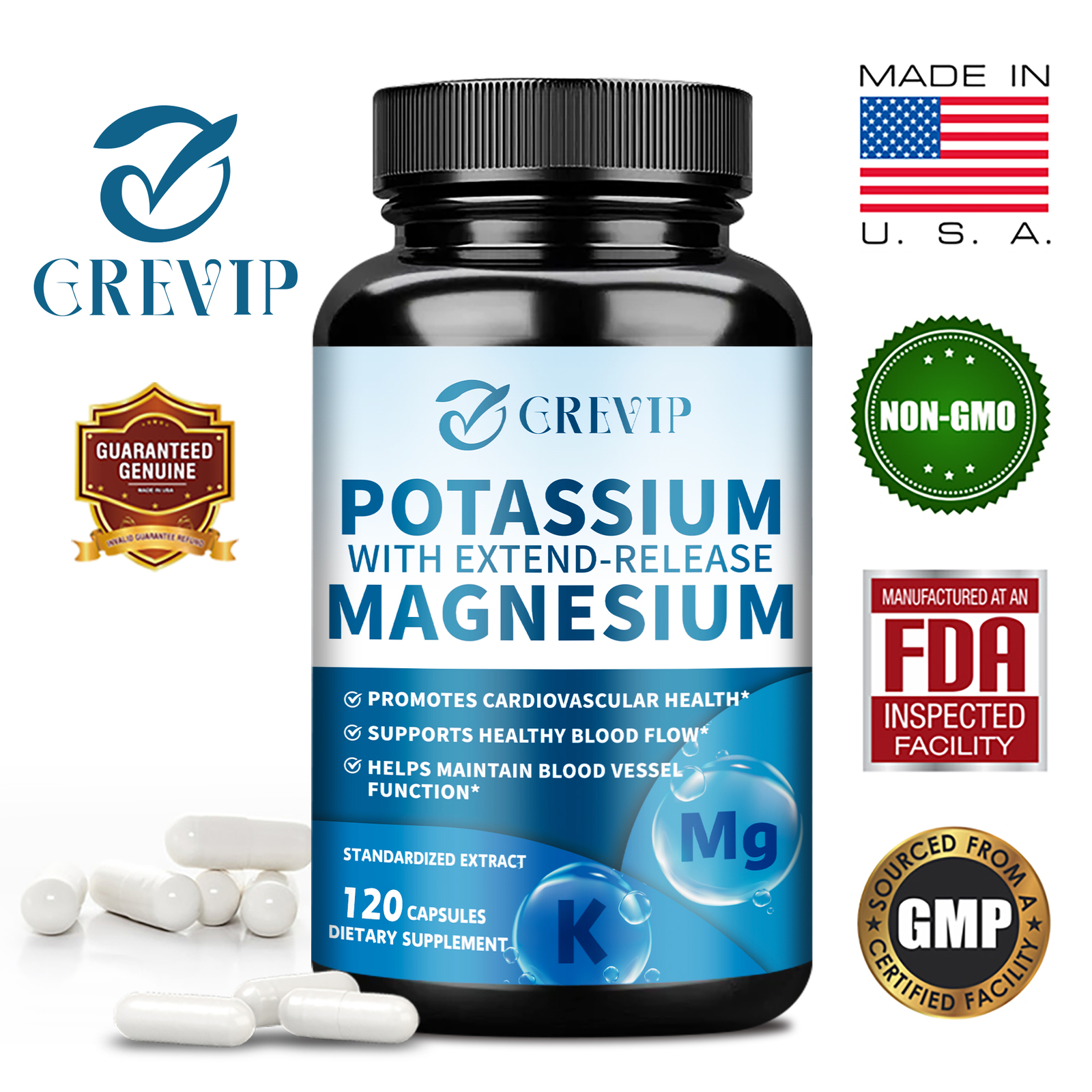 120pcs Potassium + Magnesium – Heart & Blood Pressure Support,Blood Circulation