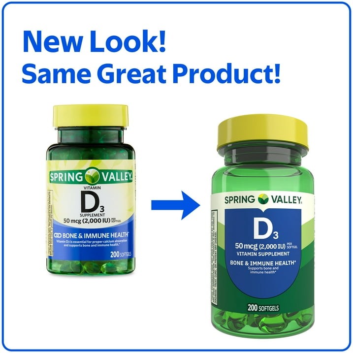 Spring Valley Vitamin D3 2000 IU Softgels Bone & Immune Health, 200 Count