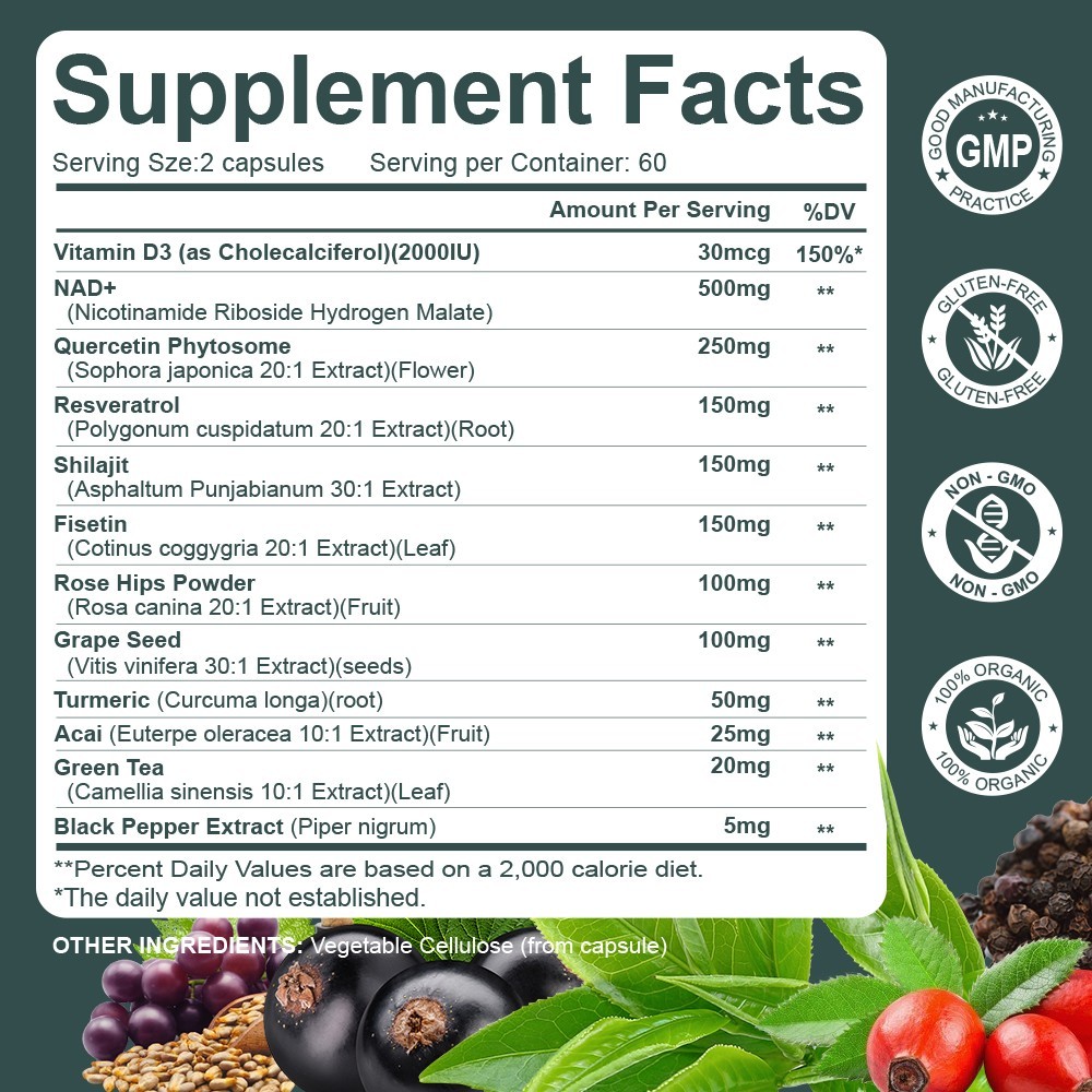 NAD supplement, 1500mg resveratrol containing supplement, 120 capsules USA Ship
