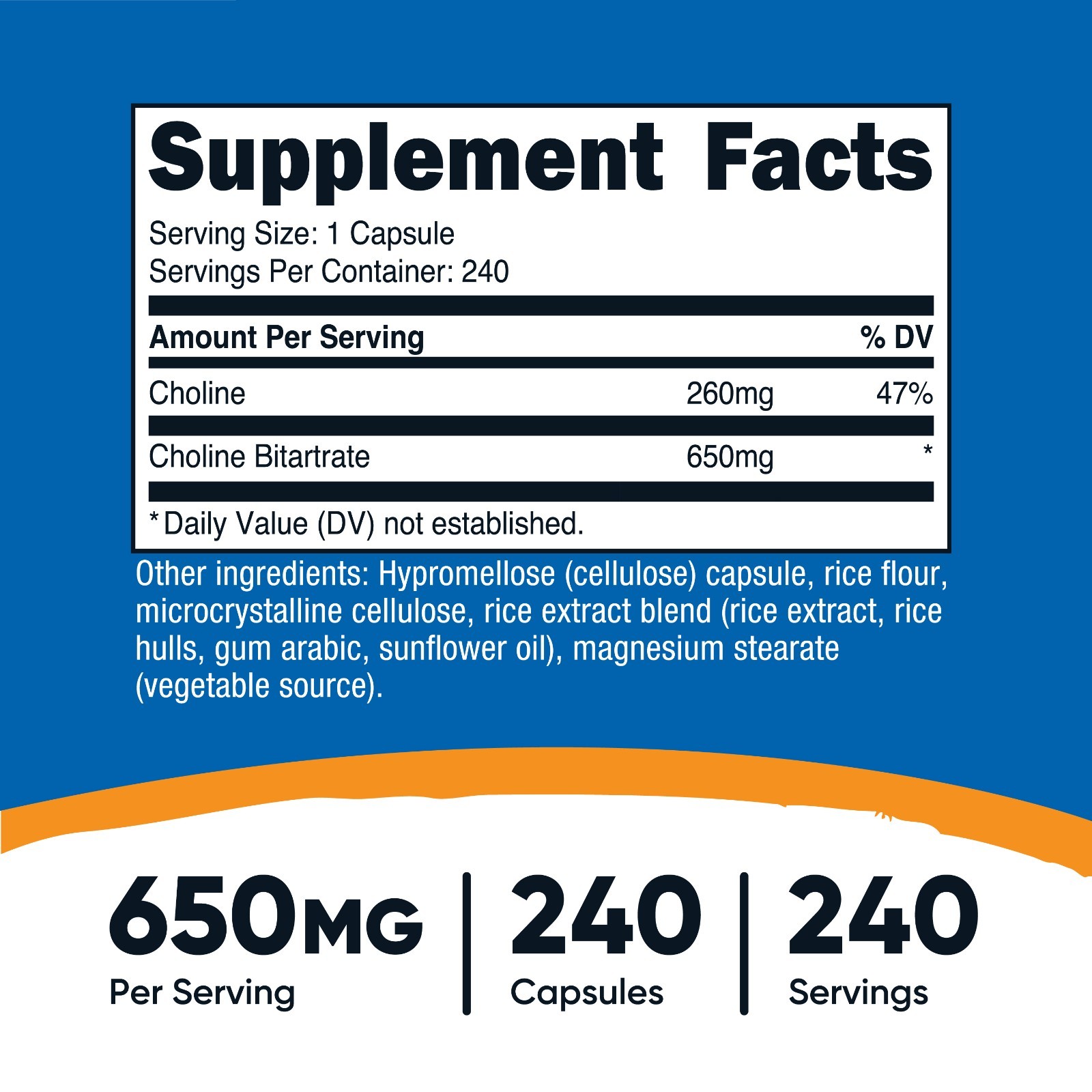 Nutricost Choline Bitartrate 650mg, 240 Vegetarian Capsules-Non-GMO, Gluten Free