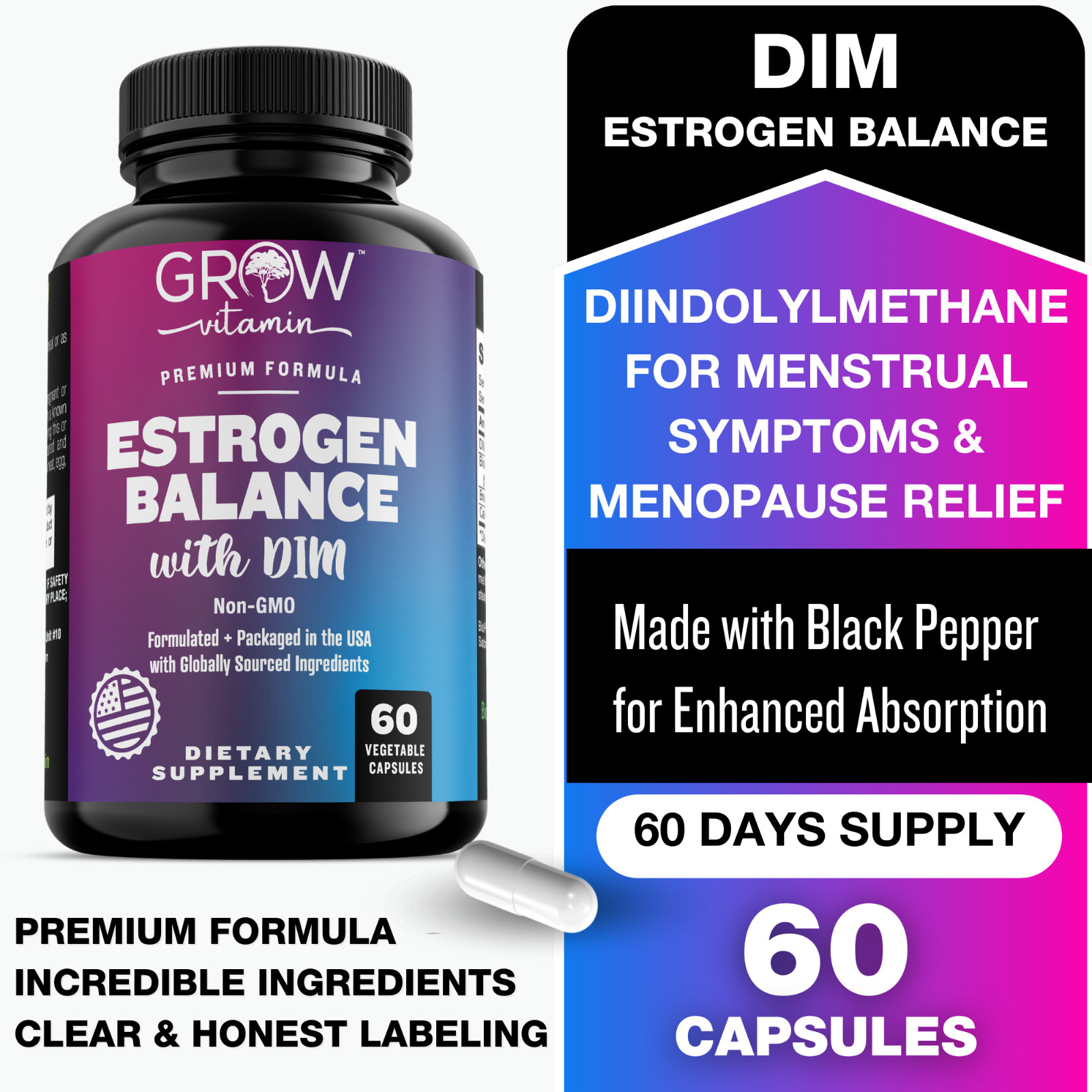 Grow Vitamin DIM (Diindolylmethane) 300mg, 60 Capsules with BioPerine