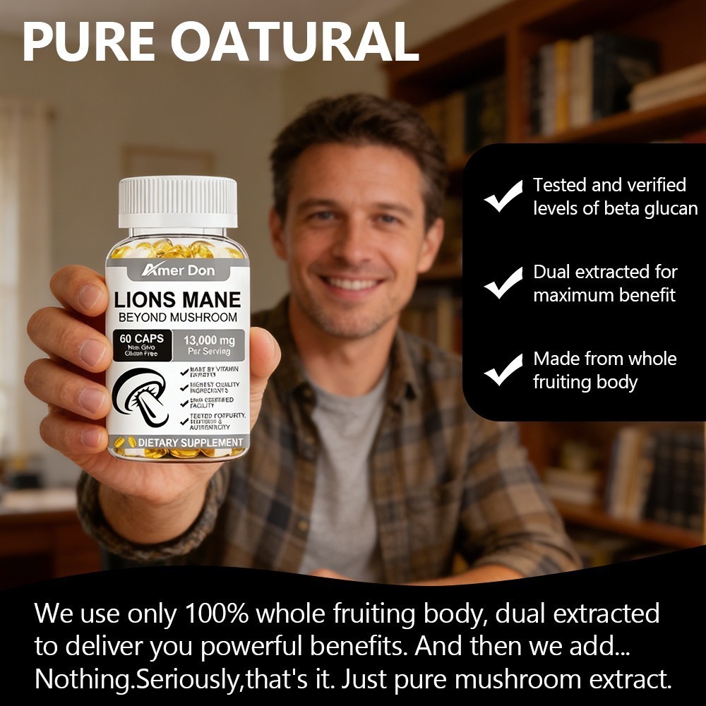 Organic Lion’s Mane Mushroom Supplement 13000 mg – MEMORY, FOCUS, STRESS SUPPORT