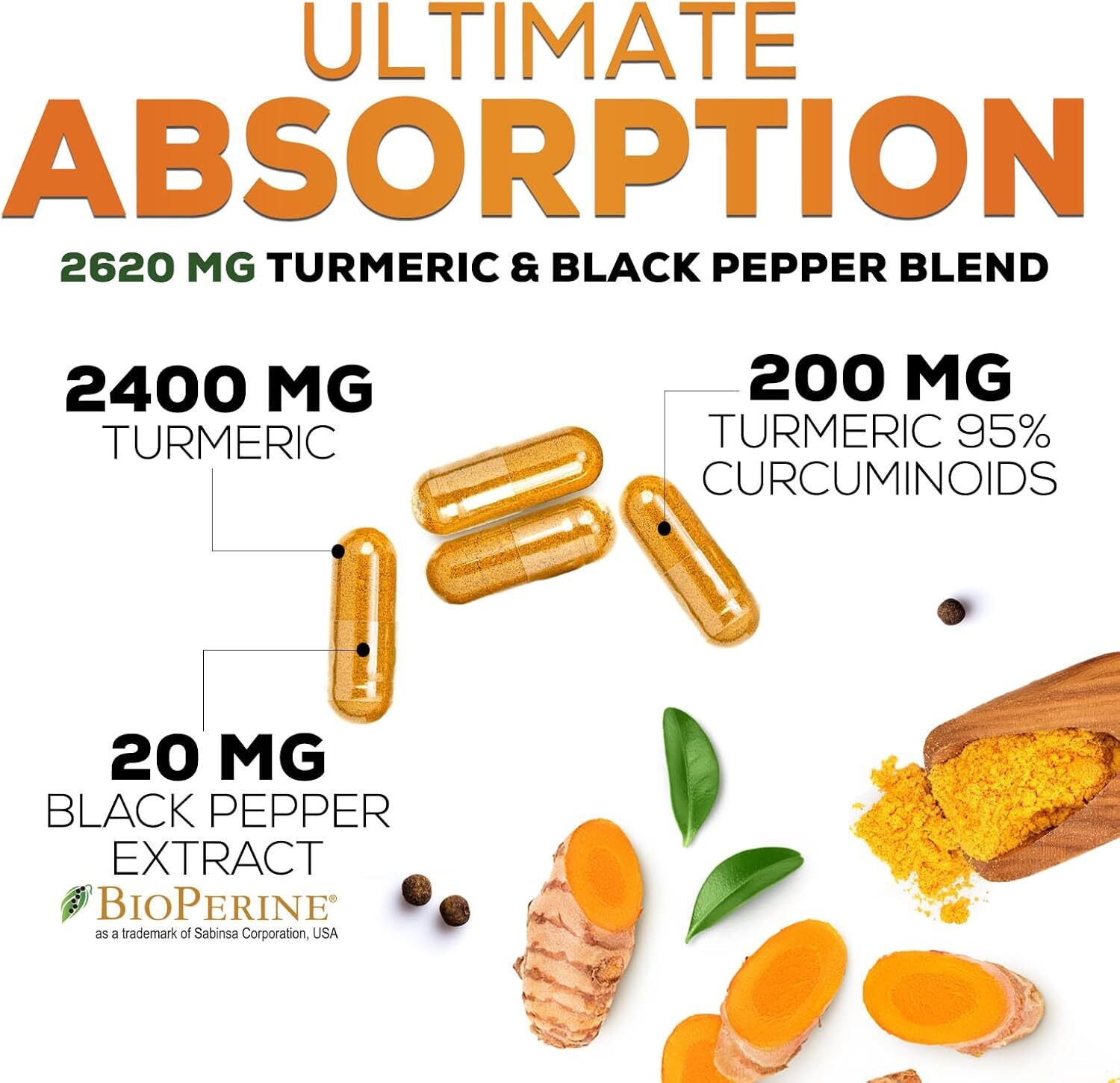Turmeric Curcumin with Bioperine 2600mg High Absorption Triple Strength Capsules