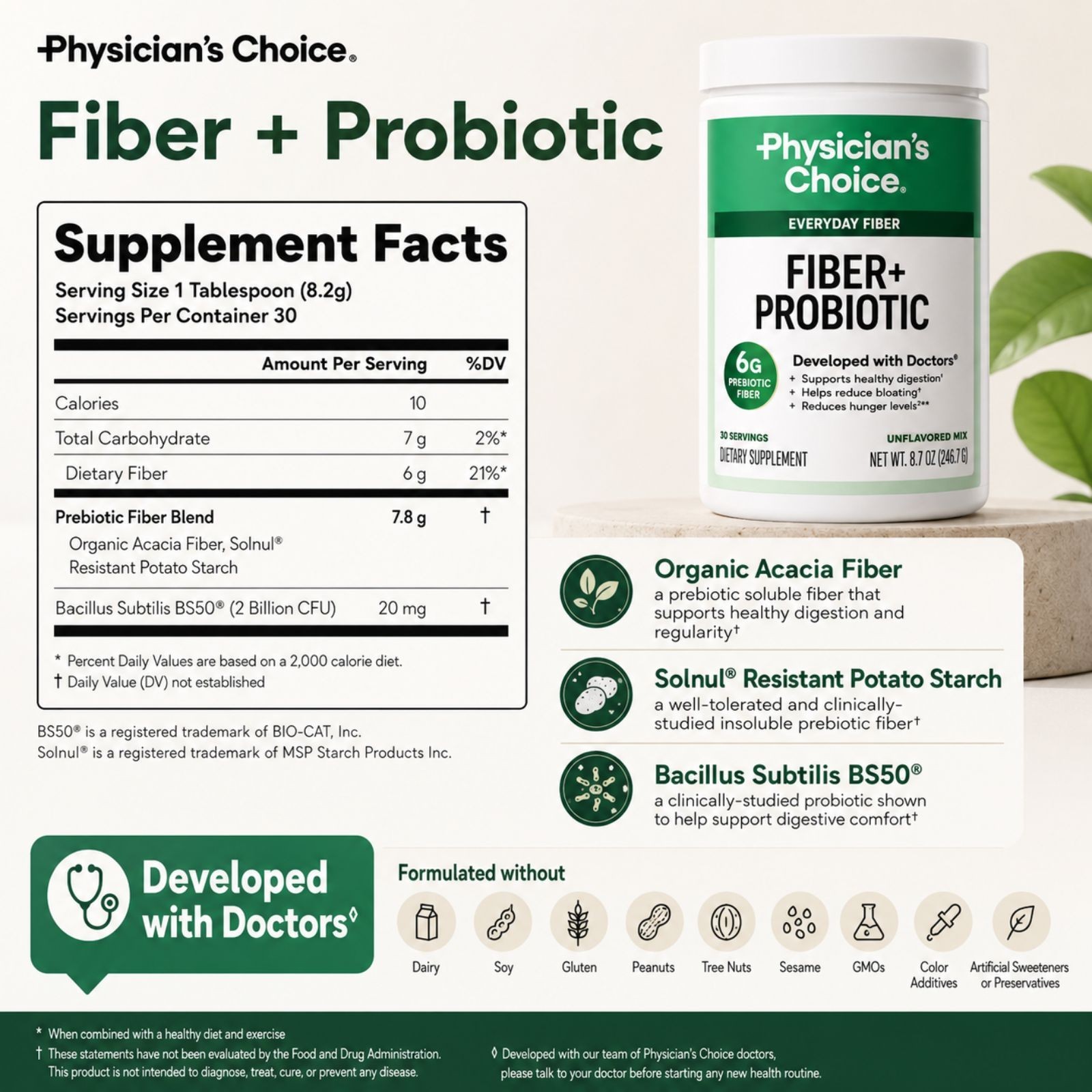Physician’s CHOICE Easy Mix Prebiotic Fiber Powder, Unflavored, 6g Fiber