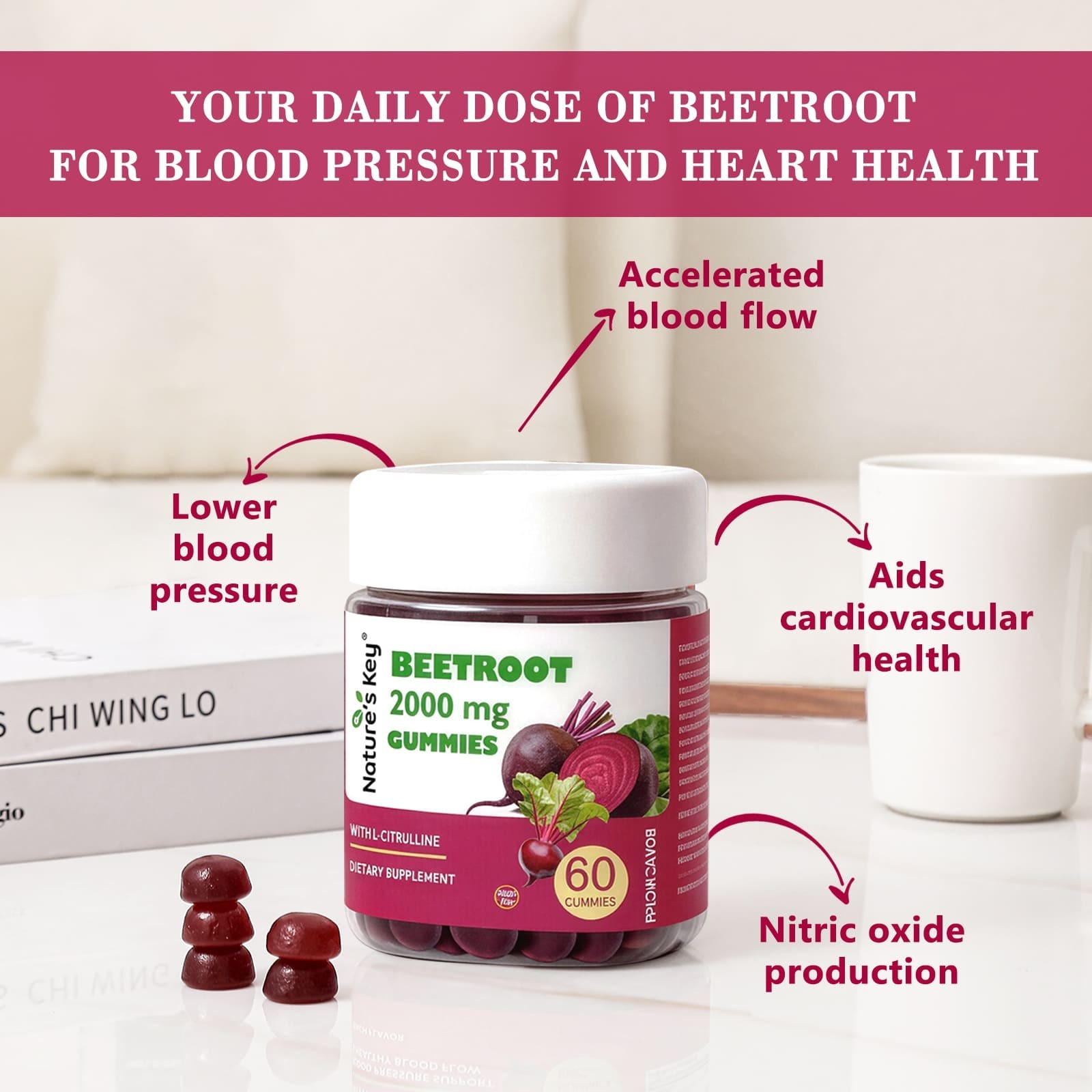 2 Pack Beet Root Gummies Vegan Paech Flavor Chewable Supplement, Gluten Free