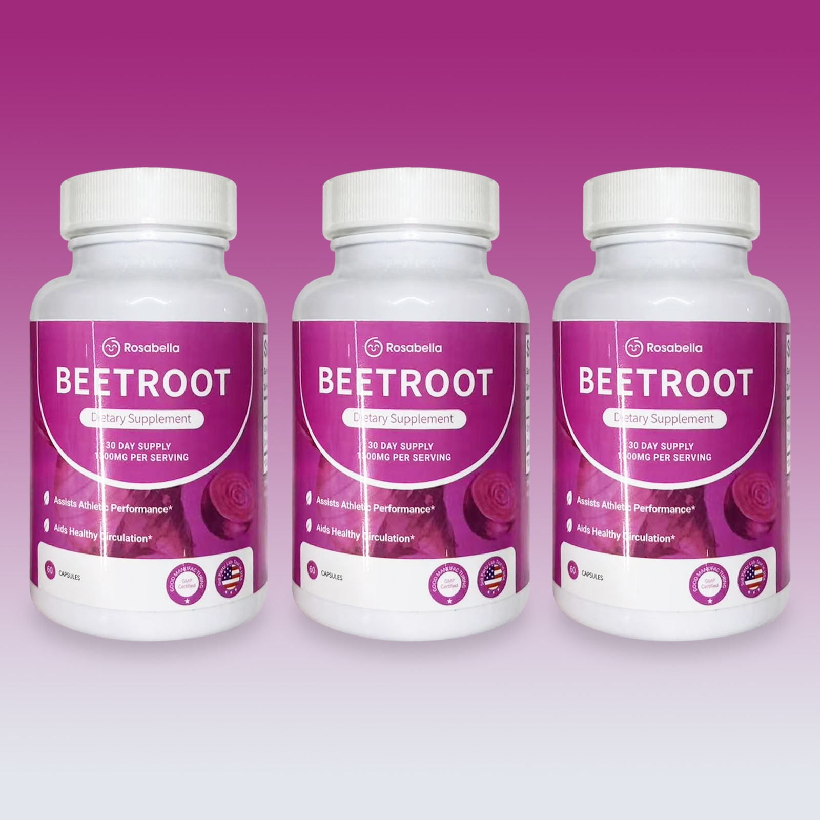 3PCS Rosabella Organic Beet Root 60 Capsules Natural Energy Boost Blood Pressure