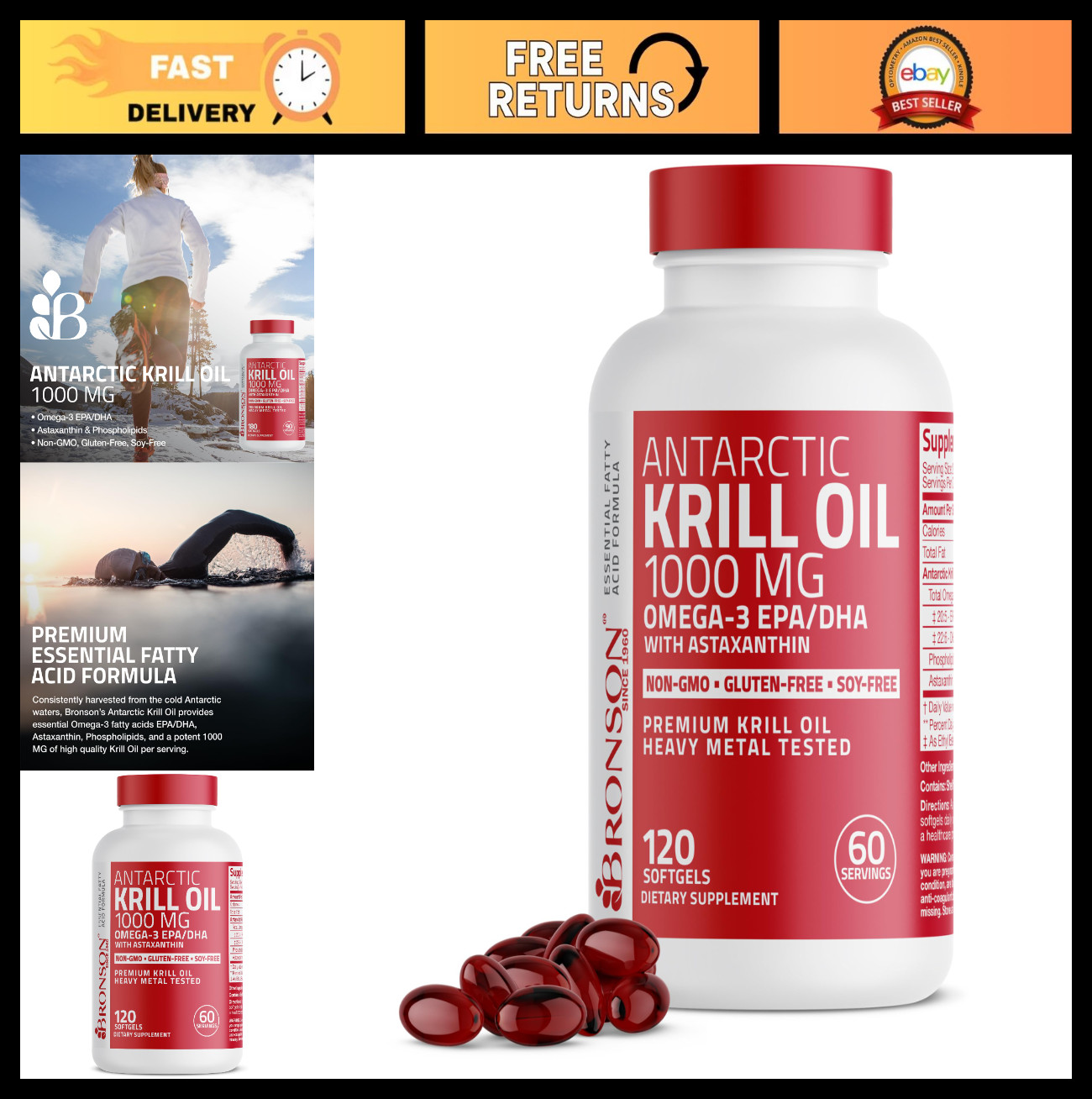 Krill Oil 1000mg Omega-3 Softgels – EPA, DHA, Astaxanthin, Non-GMO, Gluten Free