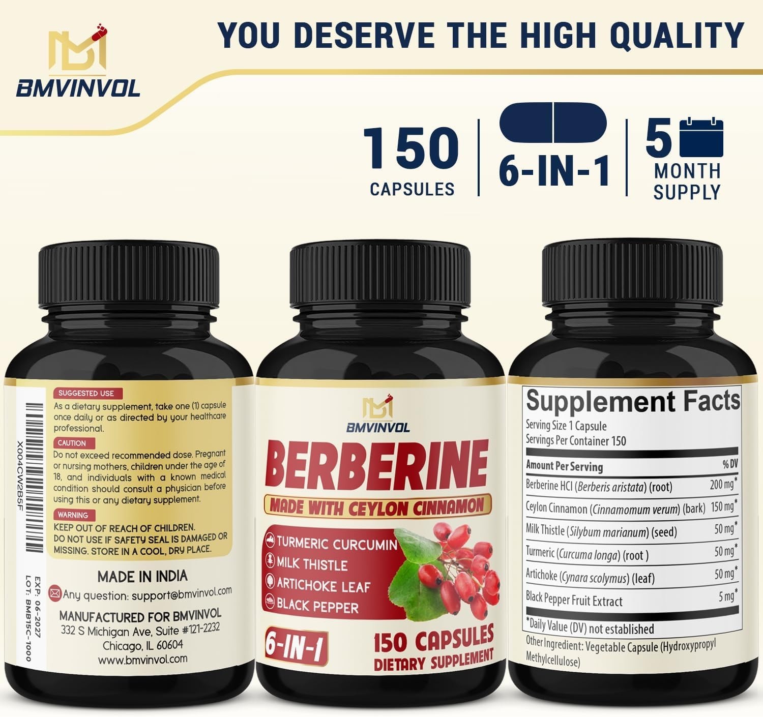 Berberine with Ceylon Cinnamon & Turmeric – 150 Count Immune Support Capsules