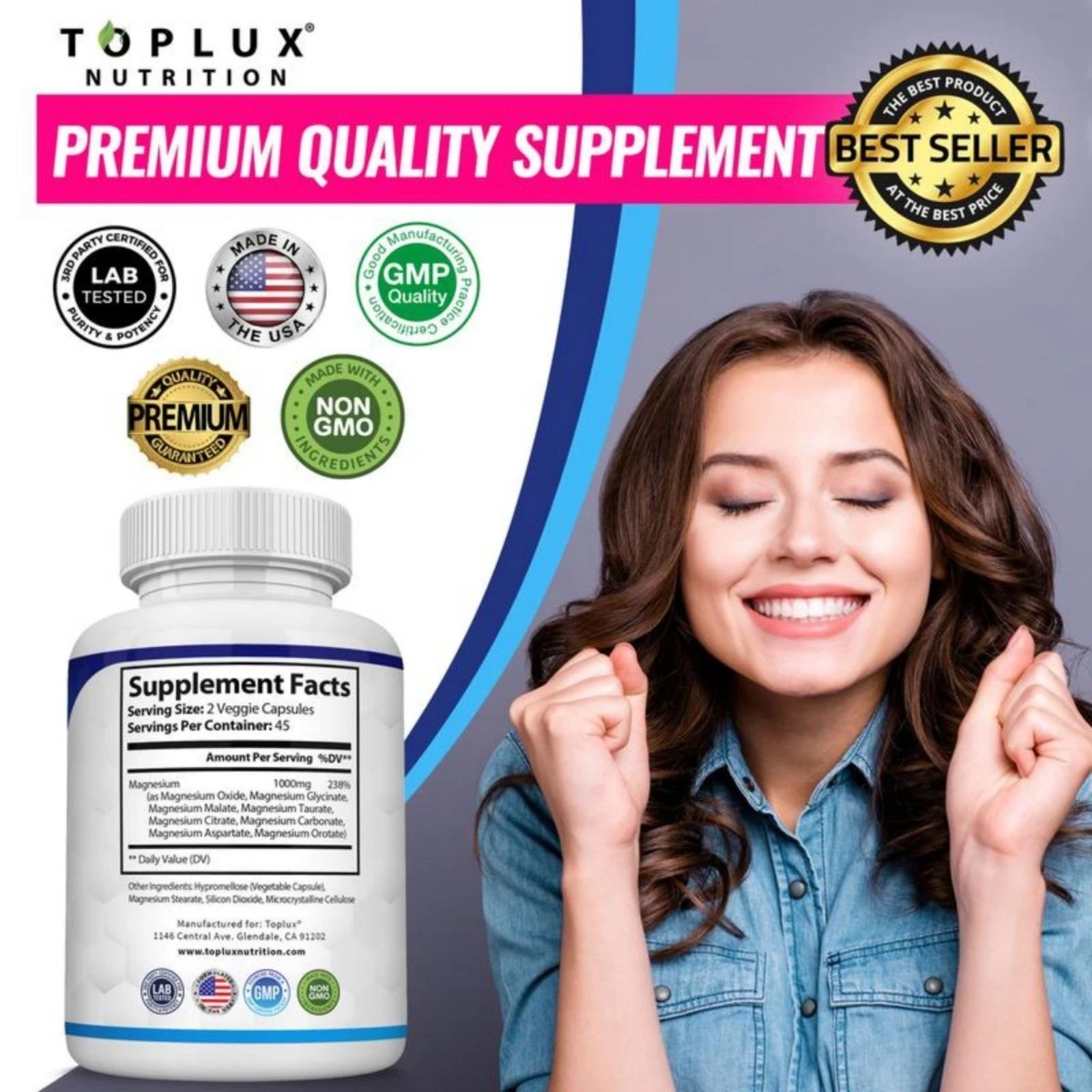 3Pack Toplux Nutrition Magnesium Complex 1000mg Supports 8 Elemental Magnesium