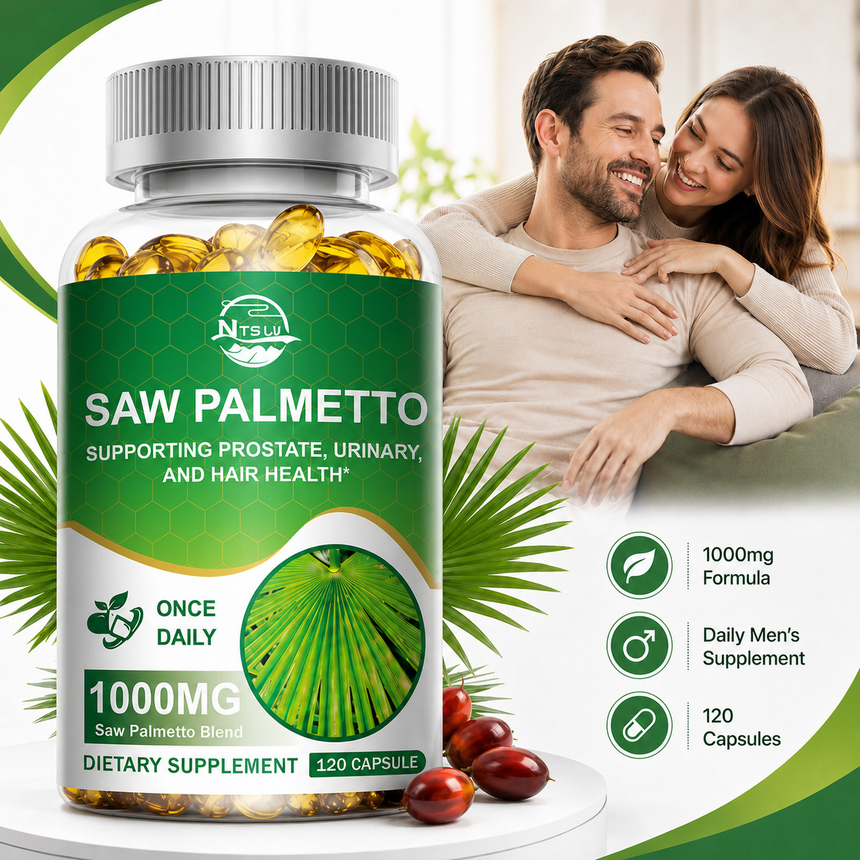 Saw Palmetto 1000mg 120 Capsules Men’s Wellness Dietary Supplement