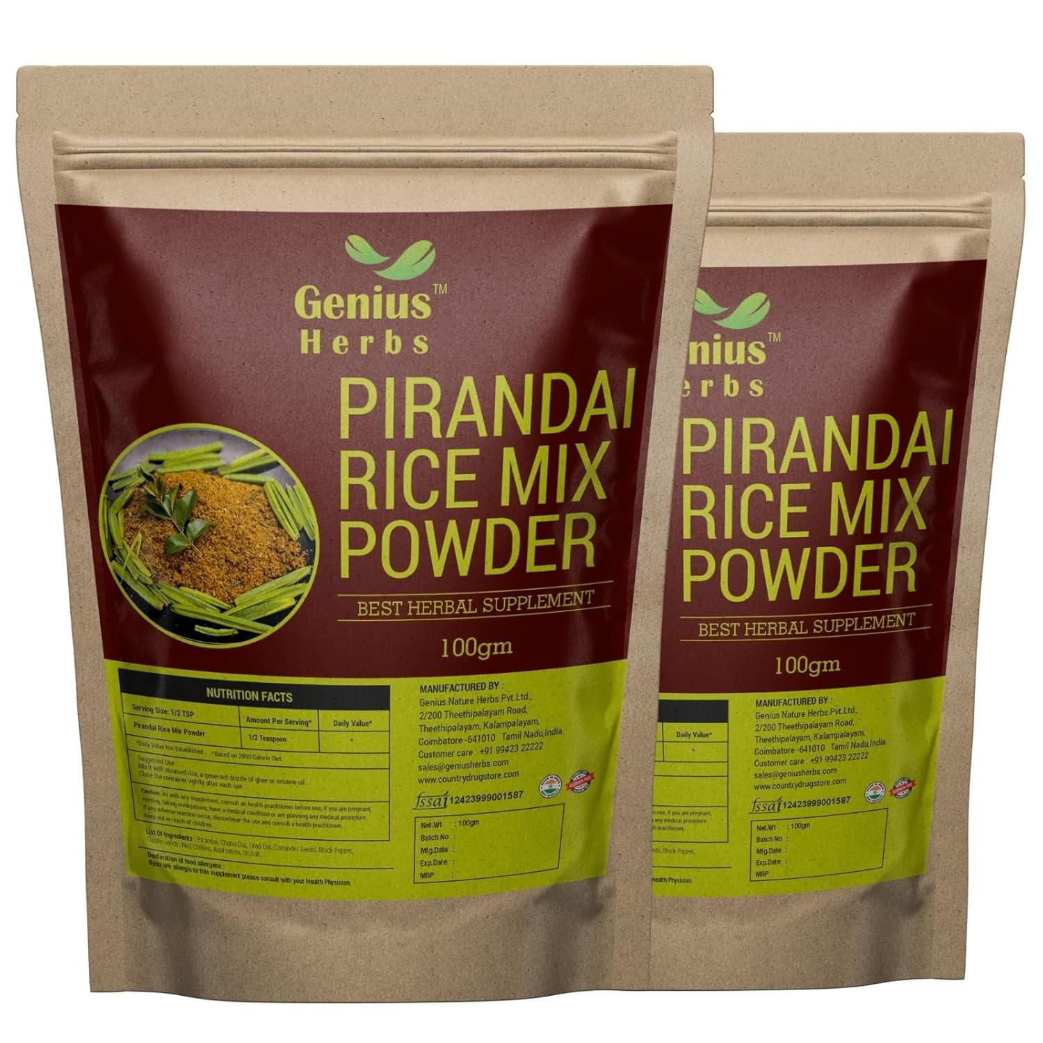 Genius Herbs Pirandai Rice Mix Powder 100g Supports Bone Joint Health 100gm x 2