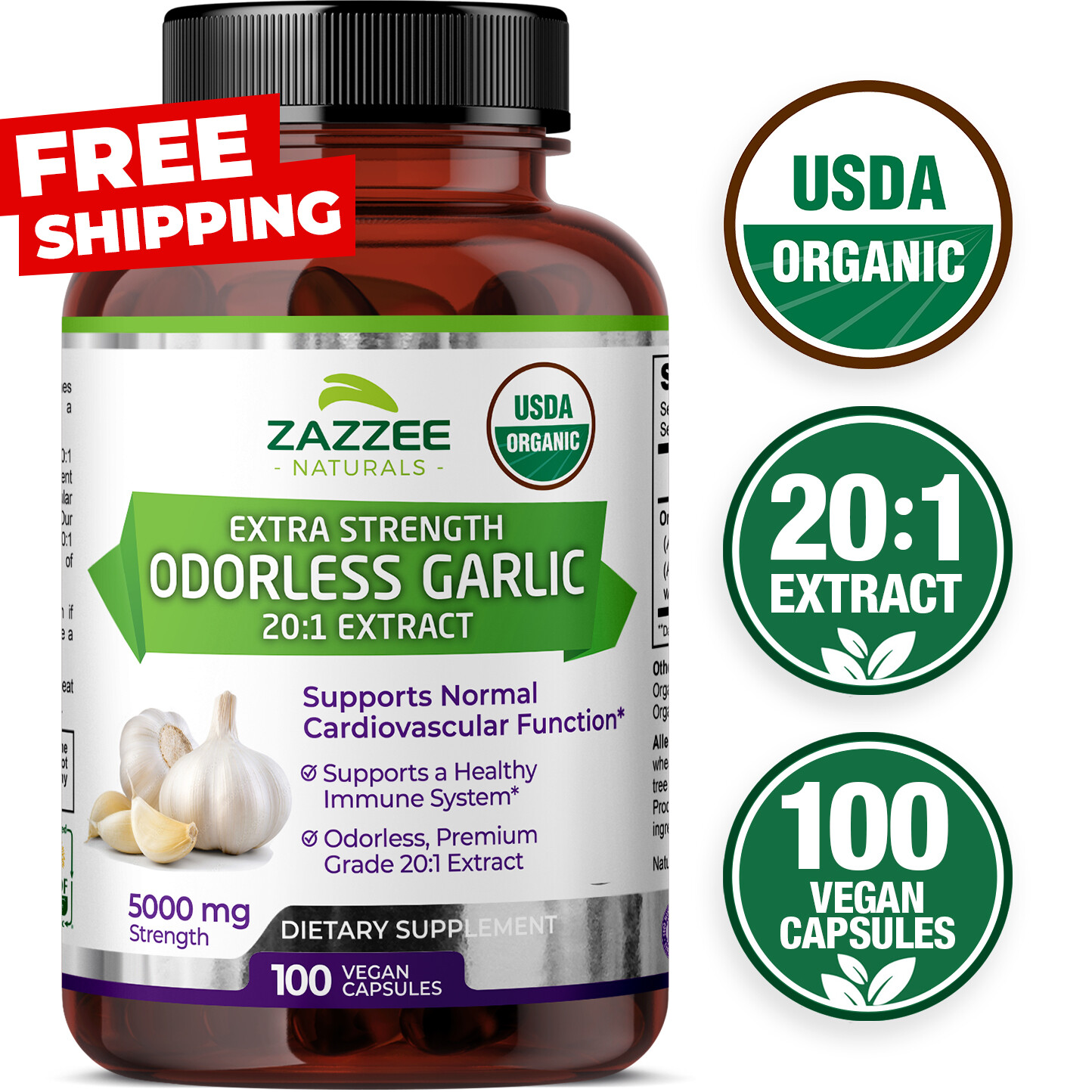 USDA Organic Odorless Garlic 20:1 Extract, 5000 mg Strength, 100 Vegan Capsules