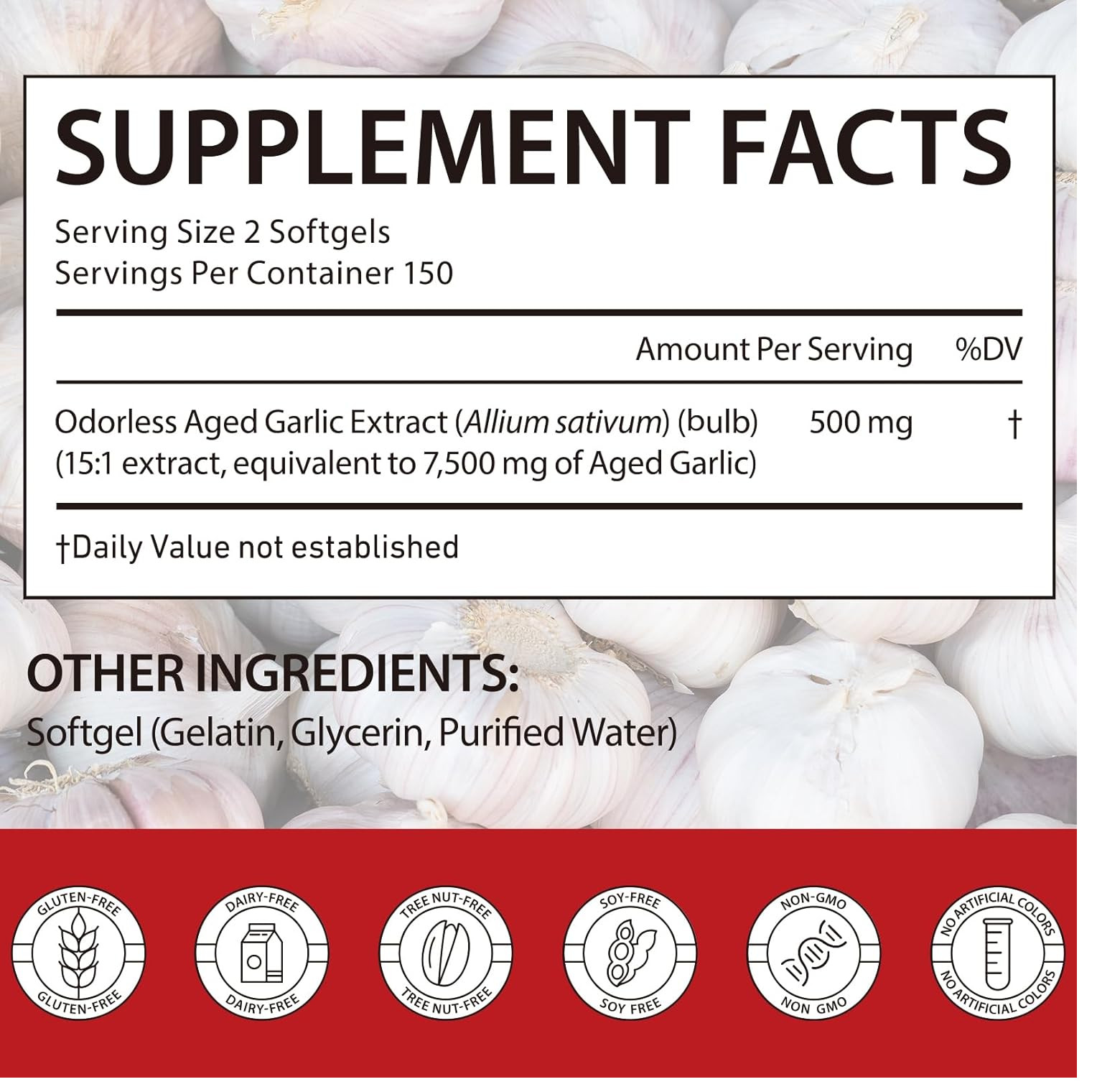 Odorless Garlic 7500mg Per Servings, 300 Softgels | 2 Years Aged Garlic Extra…