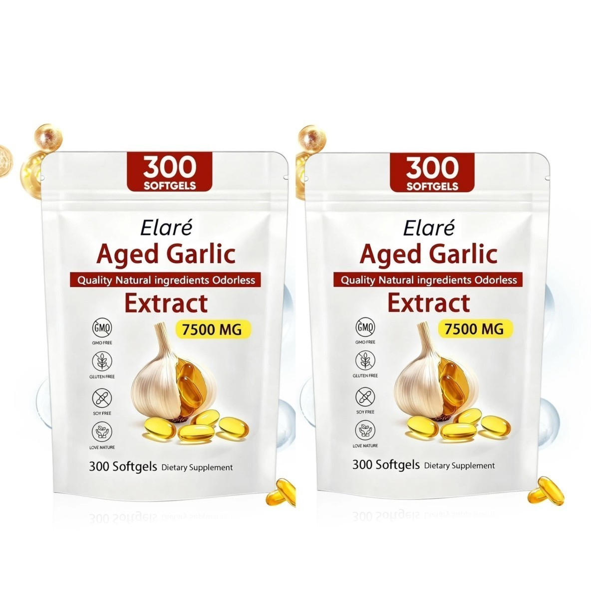 1-3pk Elare Aged Garlic Extract 300 Odorless 7500mg Softgels Heart Immune