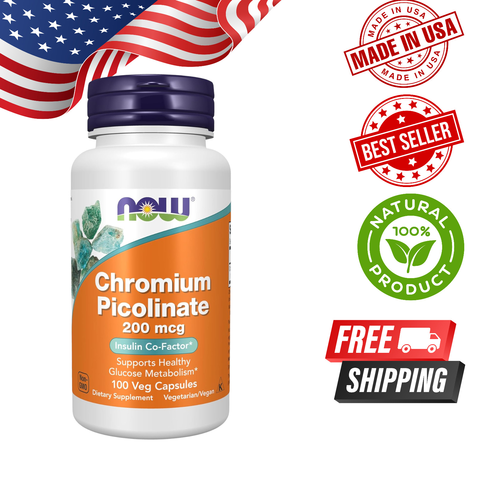 NOW Foods Chromium Picolinate 200 mcg Glucose Metabolism Diet 100 Veg Capsules