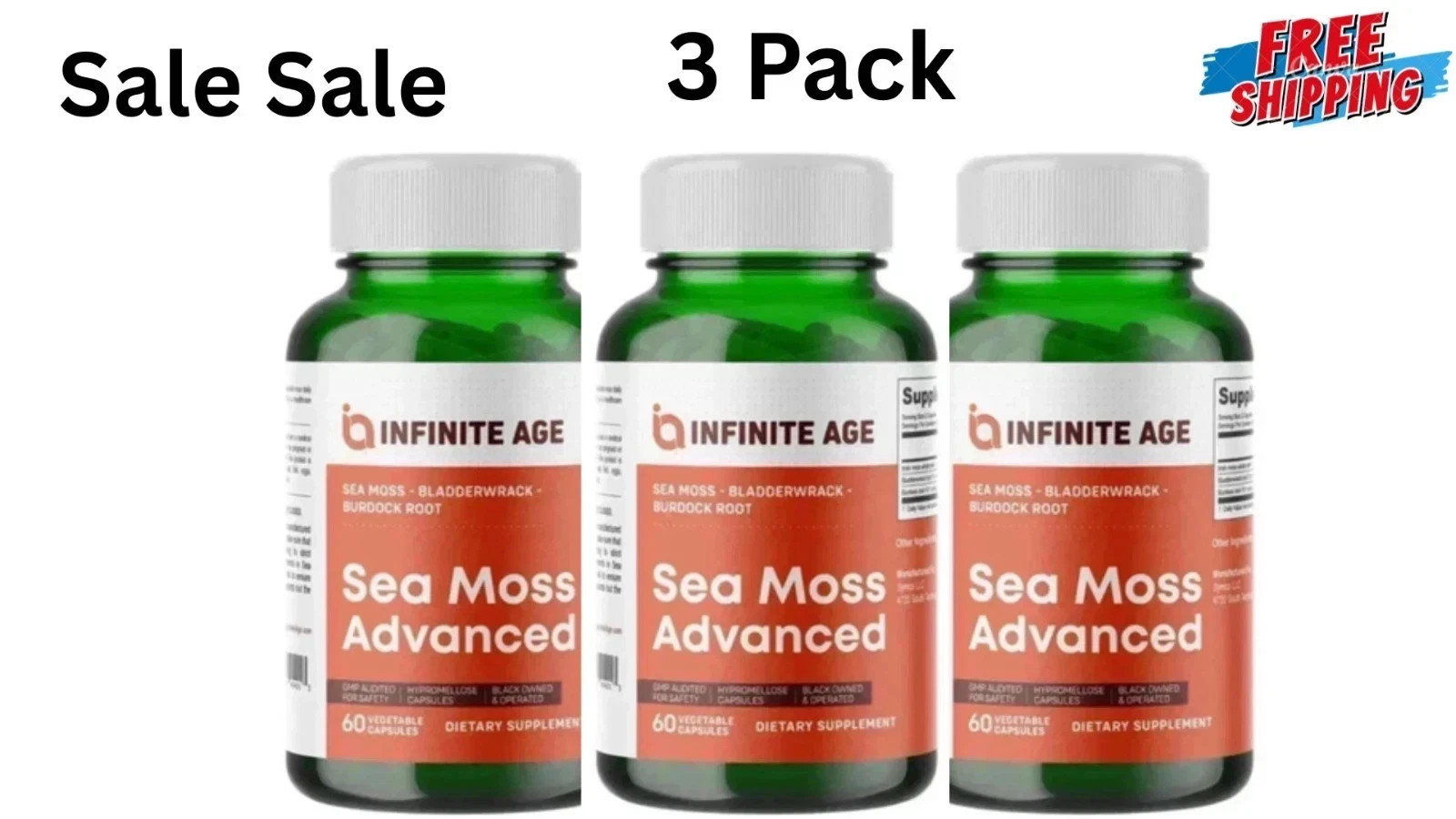 3 X INFINITE AGE Sea Moss Advanced 1250mg Superfood, High-Potency 60 Capsule