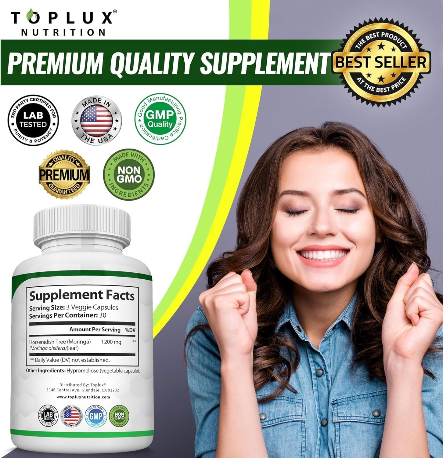 Toplux Moringa Capsules – 3-Pack – 1200mg – 270 Capsules – Vegan, Non-GMO