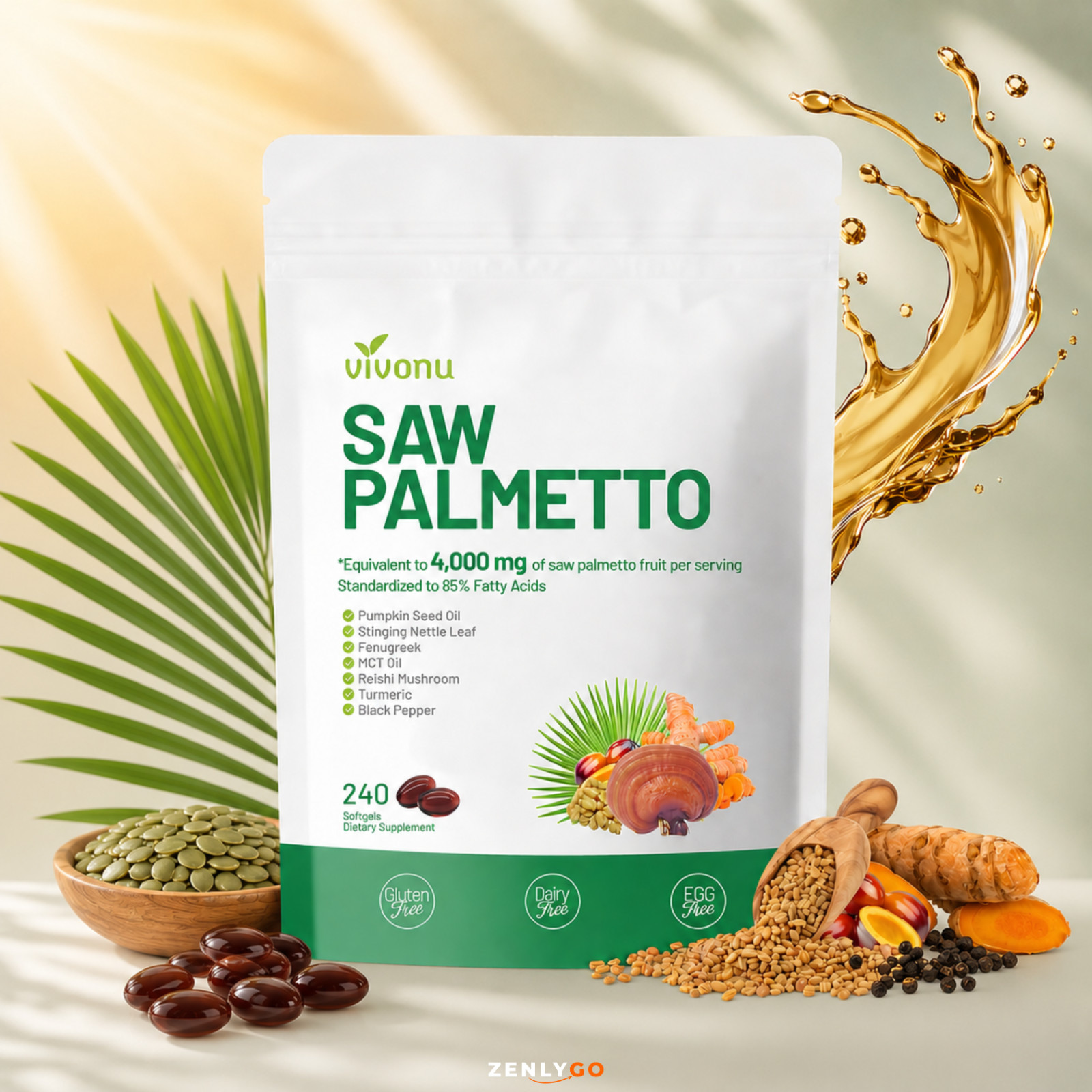 VivoNu Saw Palmetto & Pumpkin Seed Oil 240 Capsules Immune Support Bag
