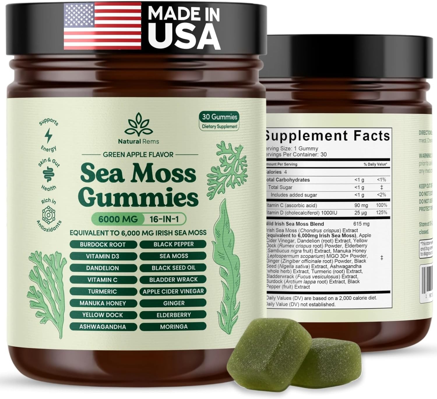 Natural Rems Sea Moss Gummies 16-in-1 – Ashwagandha Black Seed Oil Bladder Wrack