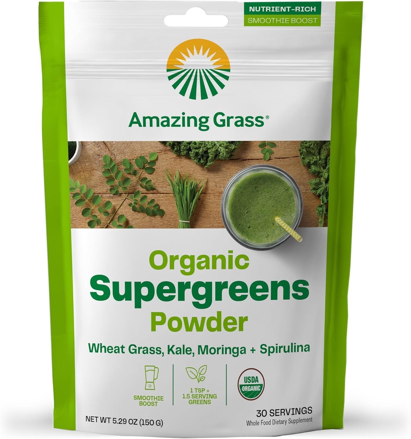 Super Greens Booster: Organic Smoothie Mix with Spirulina & Moringa, 30 Servings