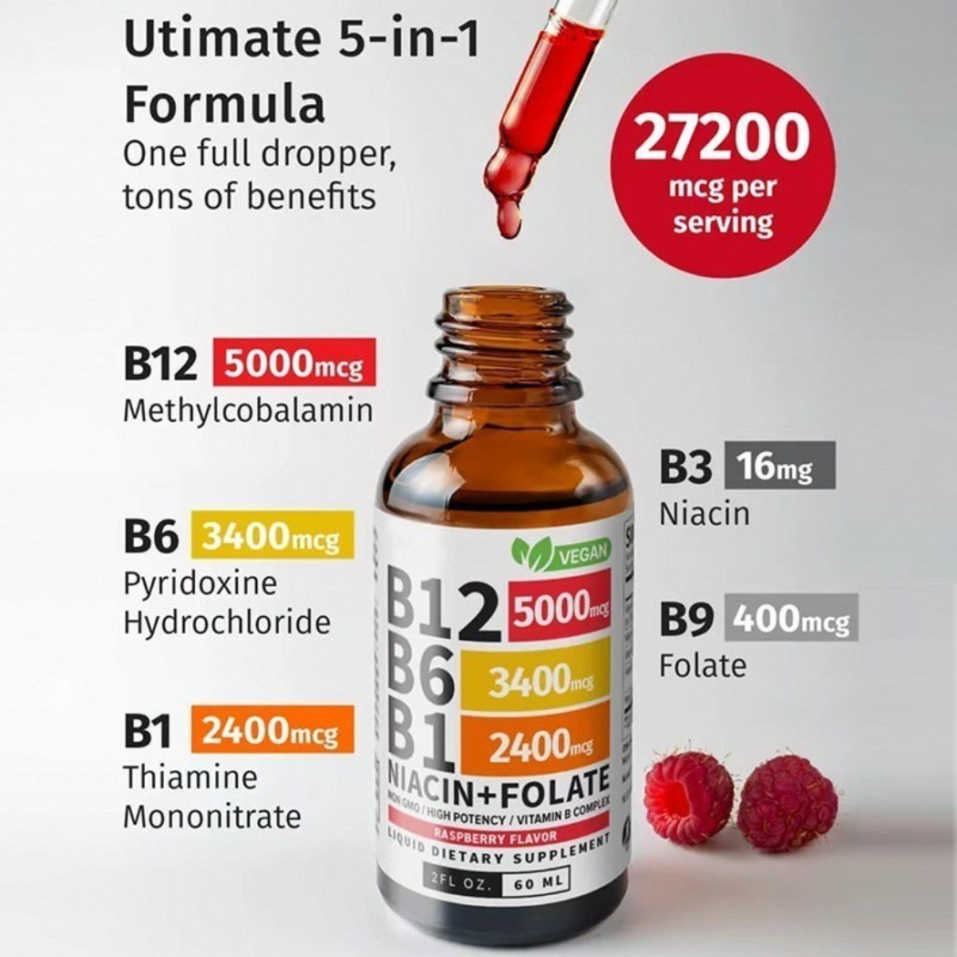 2-Bottles Vitamin B12 Liquid Drops with B6 B1 Niacin Folate