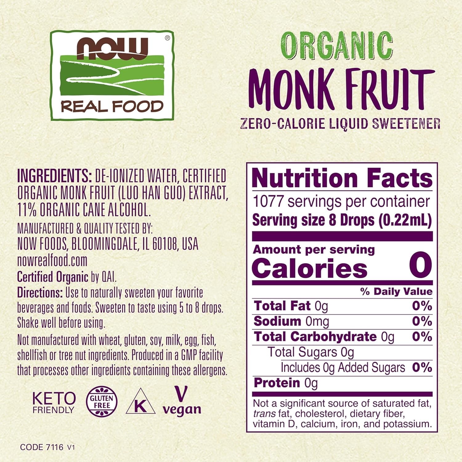 NOW Foods Organic Monk Fruit Liquid 8 Oz Zero Calorie Sweetener EXP 3/2029 237ML