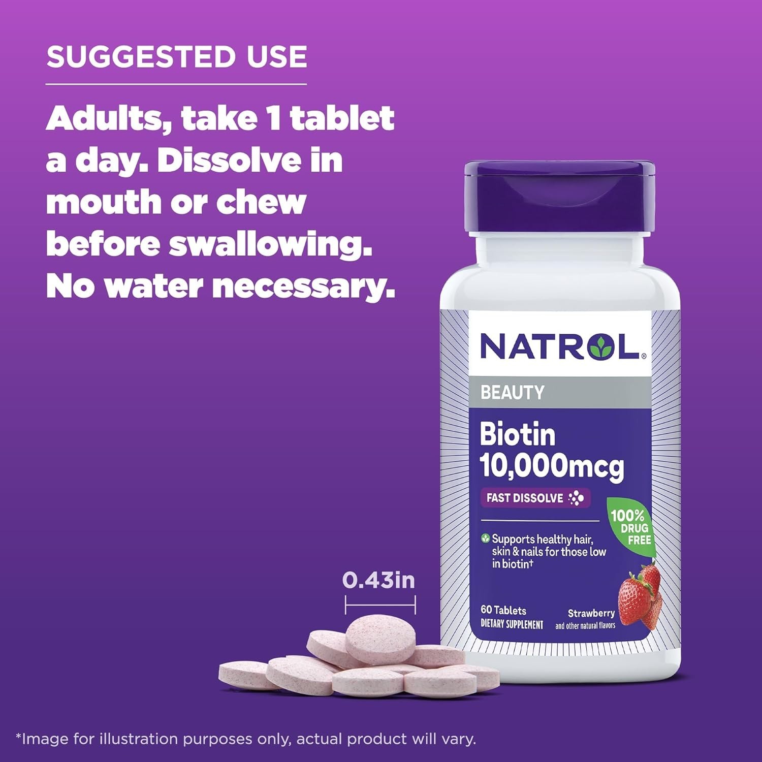 Natrol Biotin 10000mcg, 4X Faster Dissolve Supplement for Healthy Hair, Skin