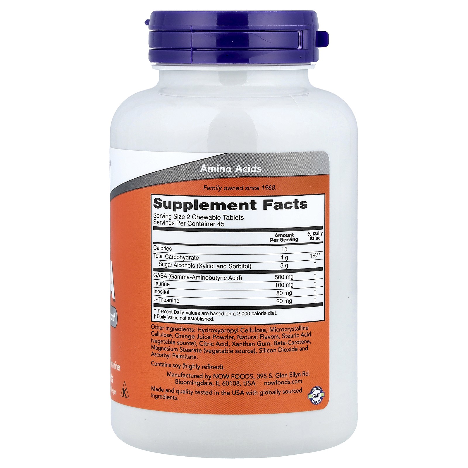 Now Foods Chewable GABA Natural Orange Flavor 90 Chewables GMP Quality Assured,