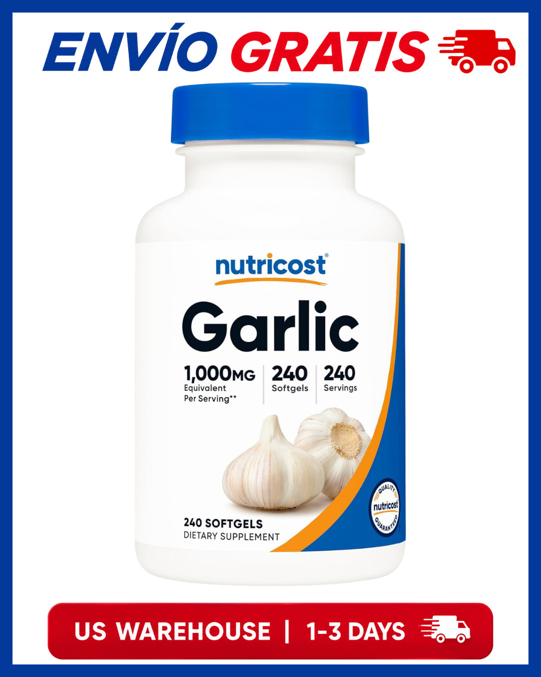 Ajo 1000 mg, 240 cápsulas blandas, inodoro, suplemento premium sin gluten.