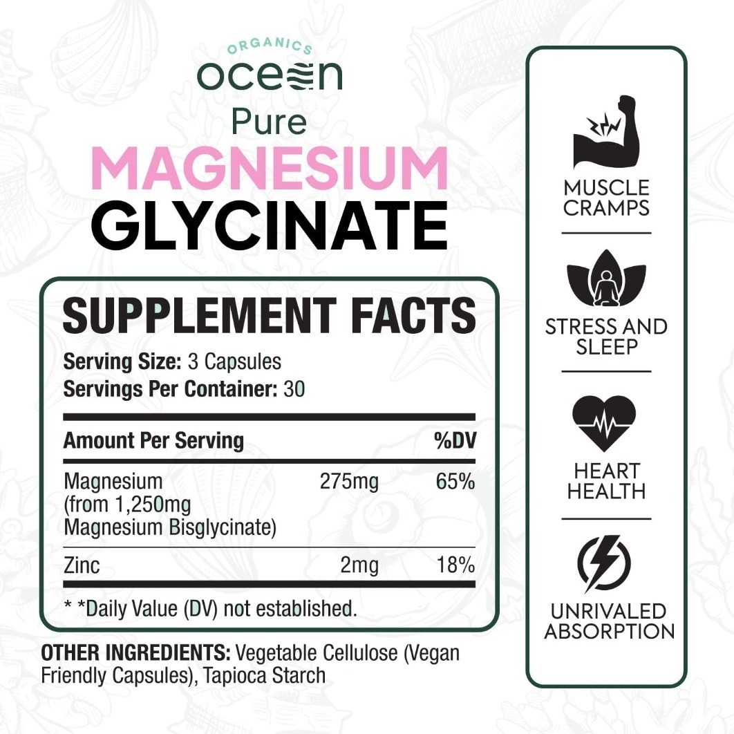 Organics Ocean Pure Magnesium Glycinate for Women and Men ULES SEALED