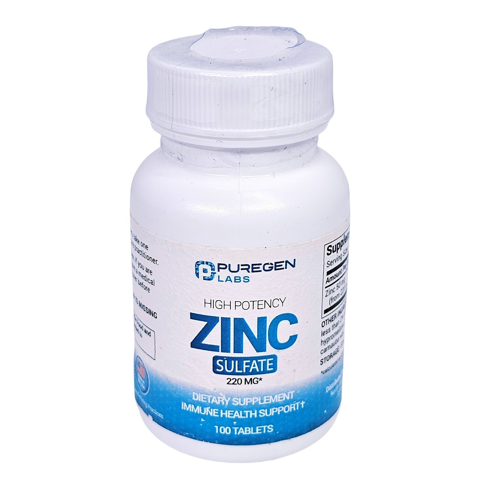 Puregen Labs Zinc Sulfate 220mg Unisex Immune Support 100 Tablets NWT L3856-100