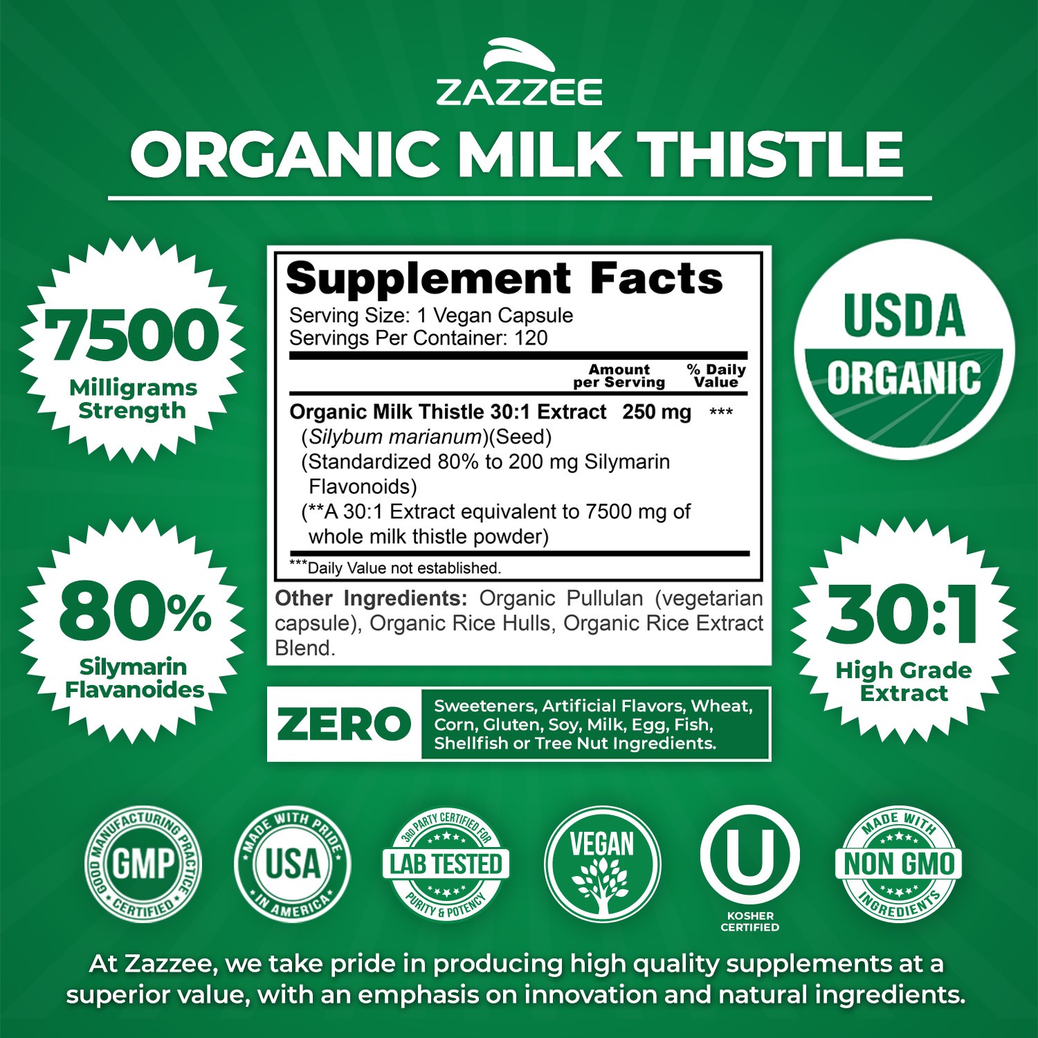 USDA Organic Milk Thistle 7500 mg Strength 120 Veggie Caps 80% Silymarin 30:1