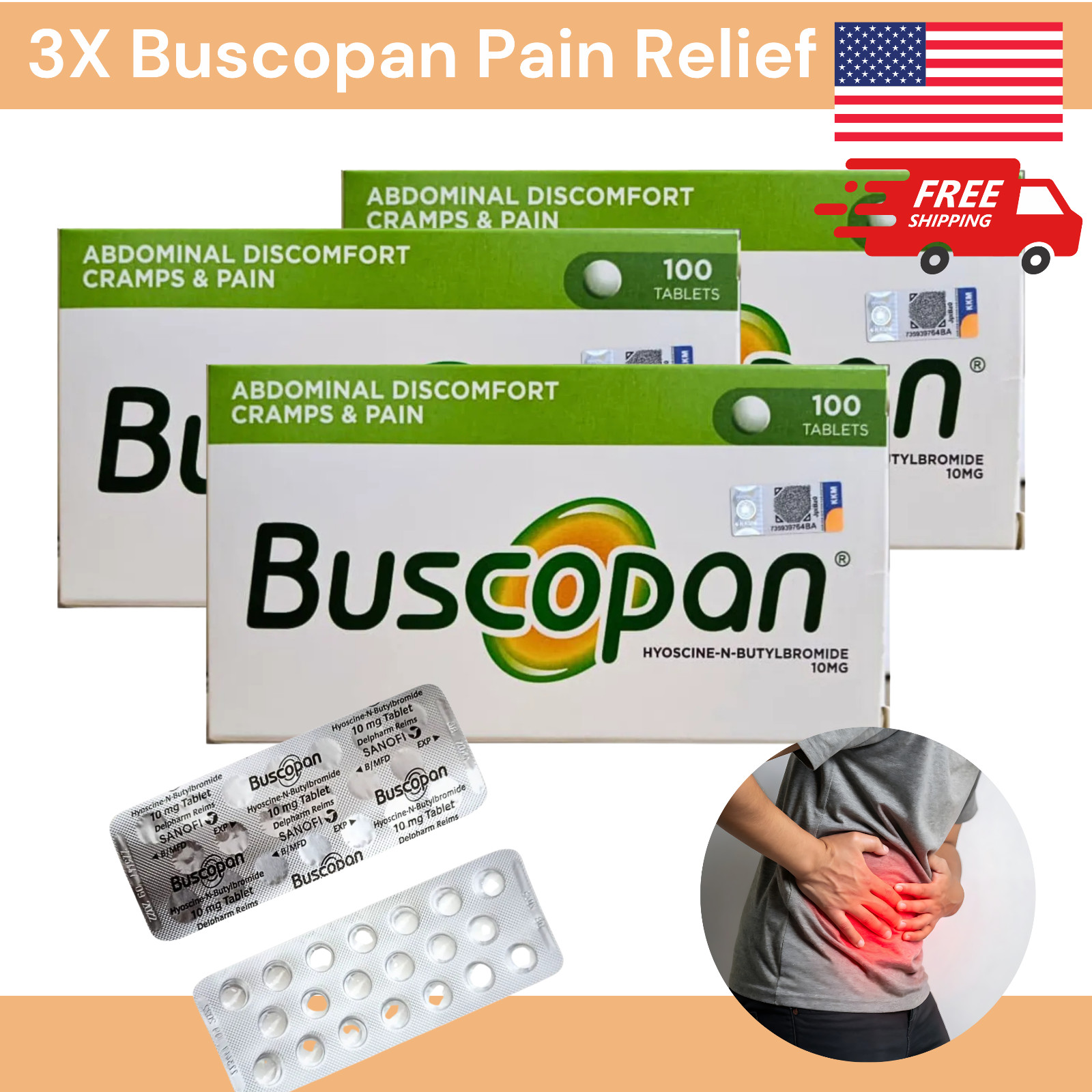 3X 10mg 100 tablets Irritable Abdominal Discomfort Cramps Pain Relief Free Ship