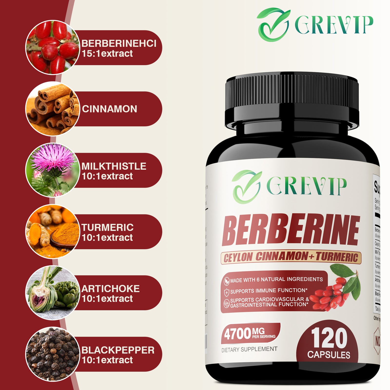Berberine HCI 4700mg – Blood Sugar Balance & Control – Ceylon Cinnamon, Turmeric