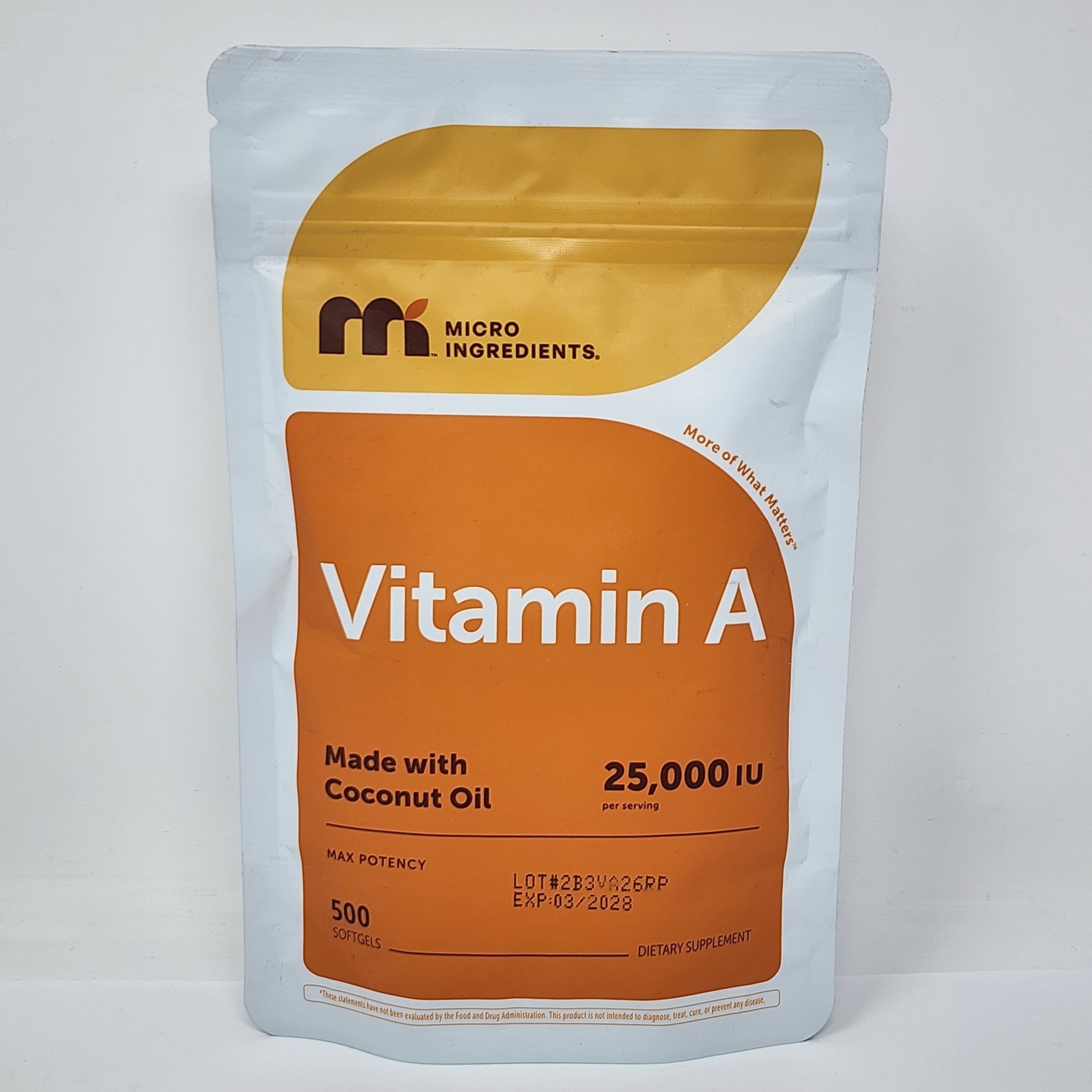 Micro Ingredients Vitamin A, 25000 IU with Coconut Oil, 500 Softgels Exp 03/2028