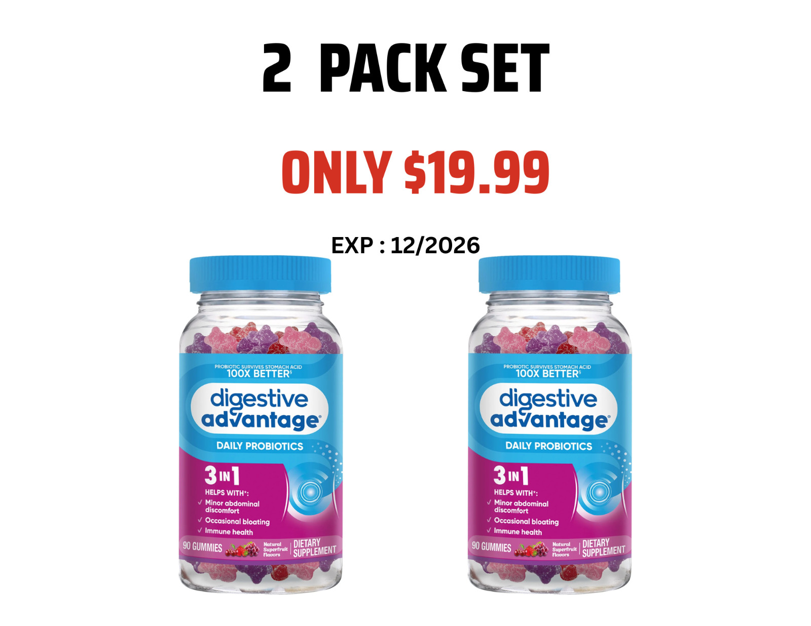 Pack of 2 Digestive Advantage Daily Probiotics 3 in 1 90 Gummies Exp 9/2026