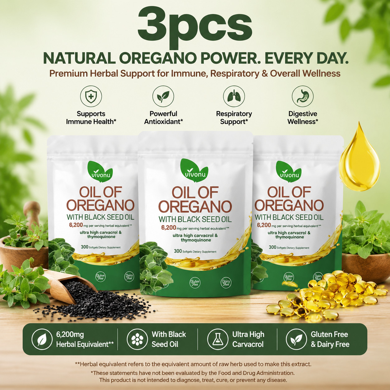 3PCS Powerful Synergy:Oregano Oil 6200mg w/ Black Seed Oil.Immune Boosting