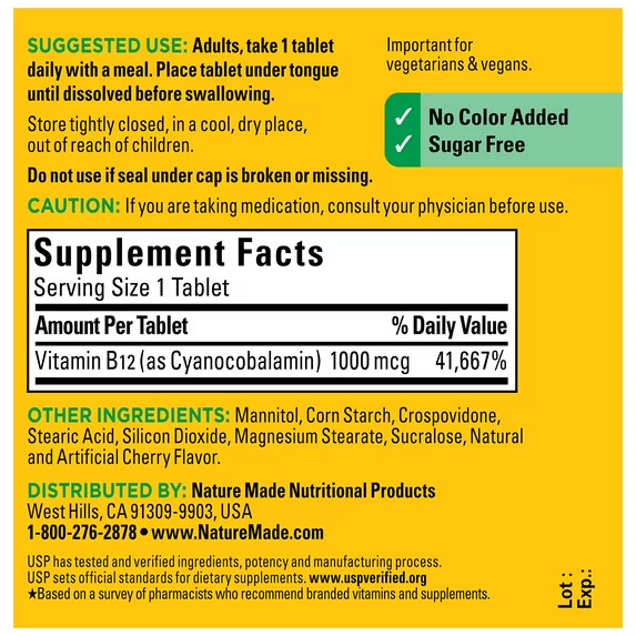 Nature Made Vitamin B12 Sublingual 1000 mcg Sugar Fast Dissolve Tablets,60 Count