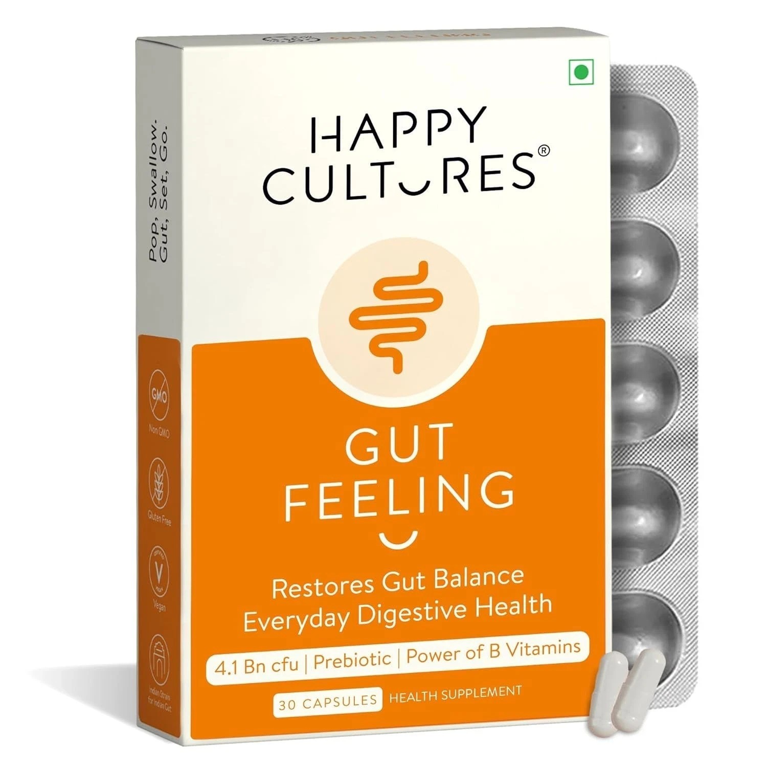 VELBIOM Happy Cultures Gut Feeling Supplement Daily Digestive Health 30Count