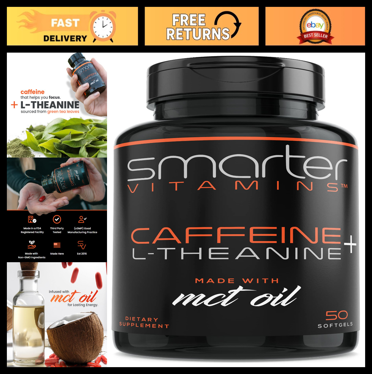 Caffeine Pills 200mg with MCT Oil & L-Theanine for Energy & Focus – 50 Softgels