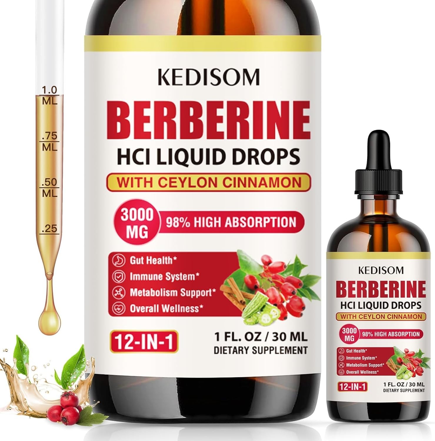Natural Berberine Drops – 12-in-1 Wellness Support, Convenient 1 Fl Oz Bottle