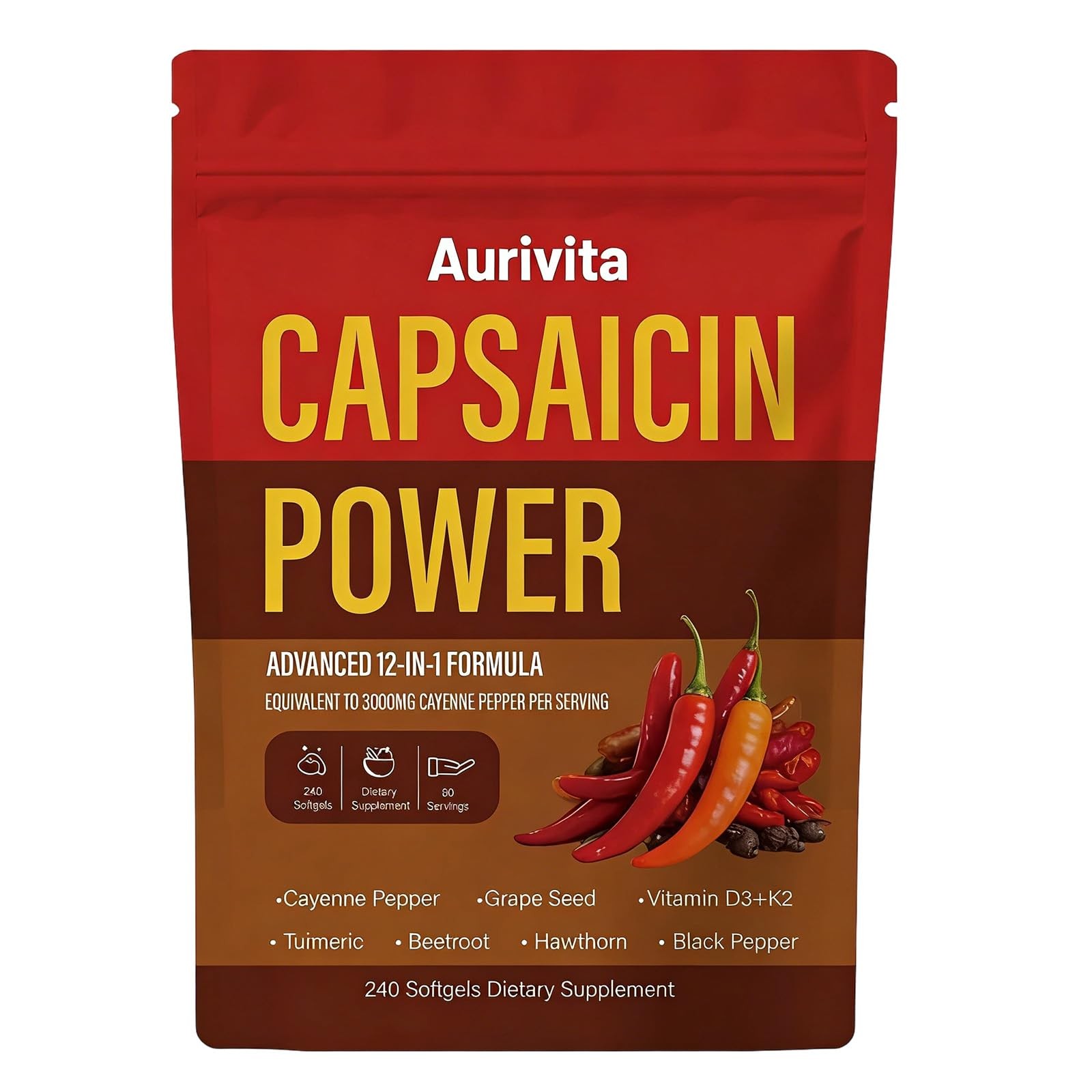 Capsaicin Softgels Supplements 240 Capsules Vitamin D3 K2 Beetroot Aurivita Seed