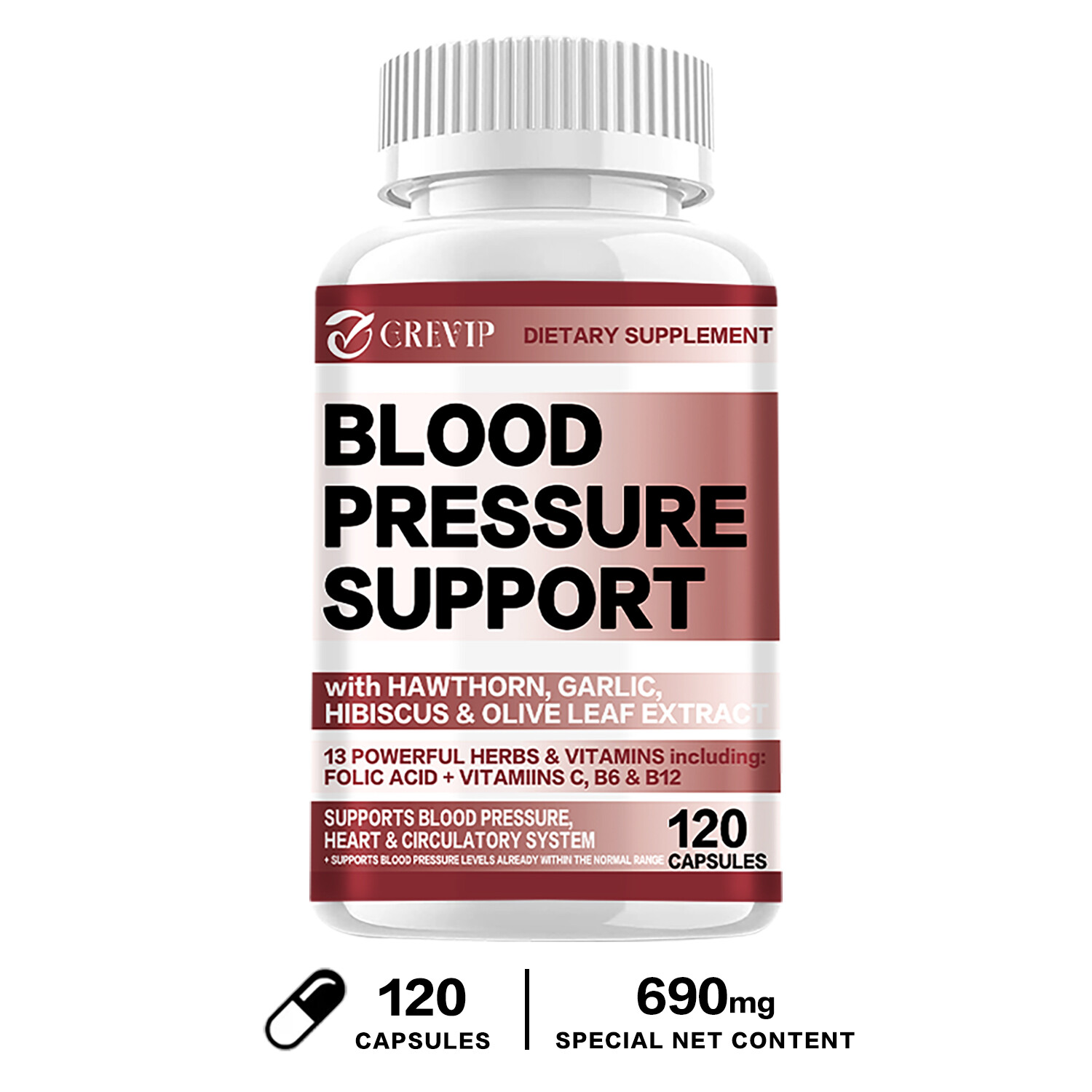 120pcs Blood Pressure Support-Hawthorn,Hibiscus,Olive Leaf-Cardiovascular Health