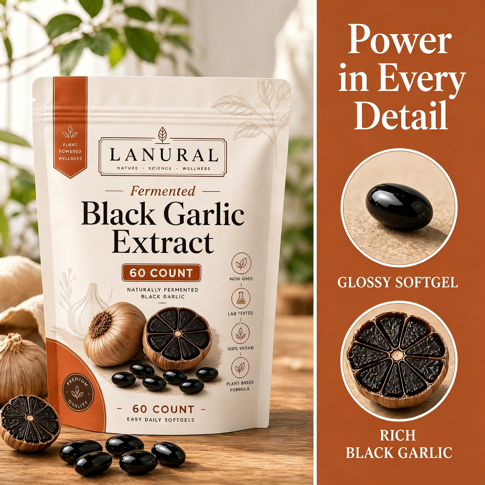 Fermented Lanural Black Garlic, Odorless Capsules, 60 Count
