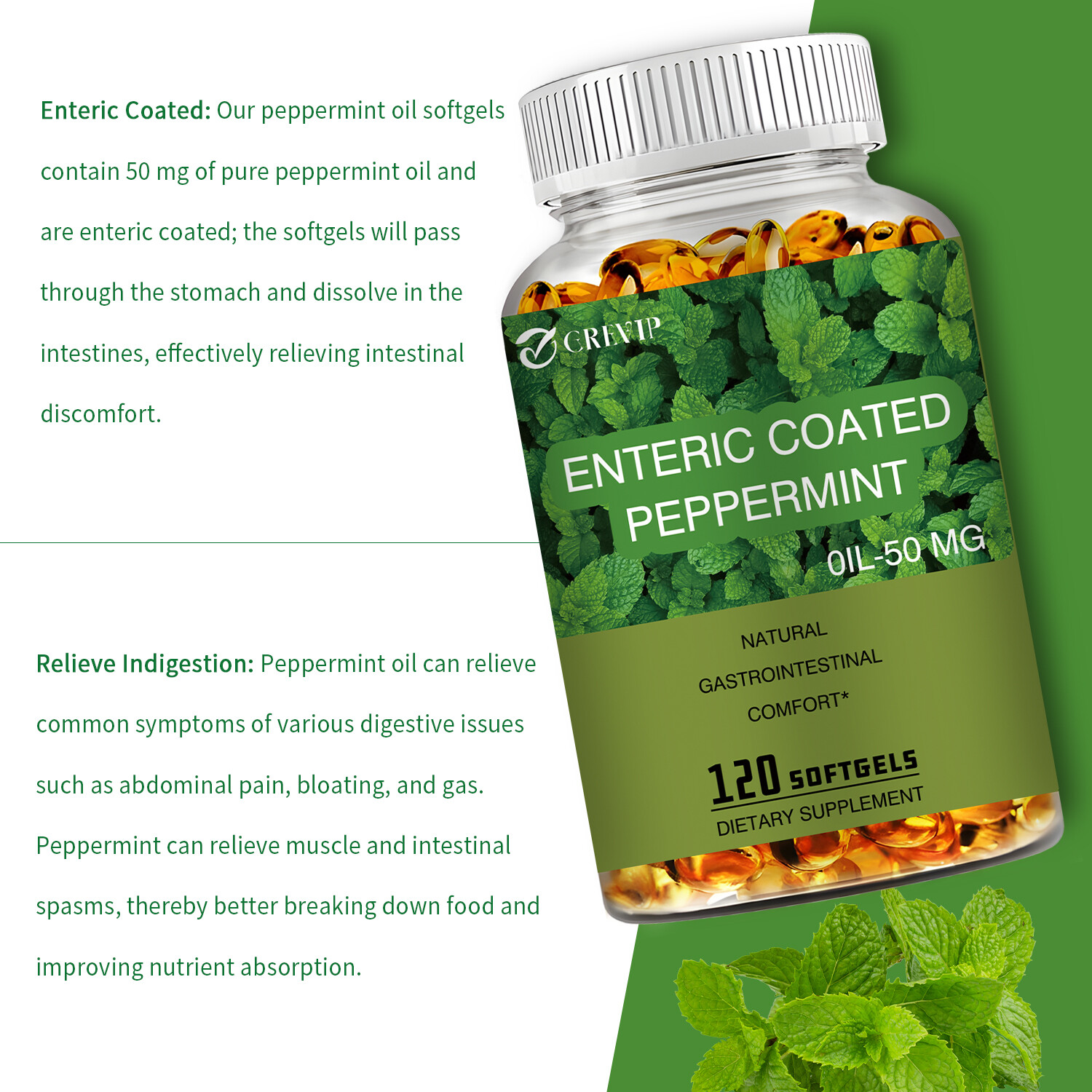 120pcs Enteric Coated Peppermint-for Abdominal Pain,Improved Nutrient Absorption