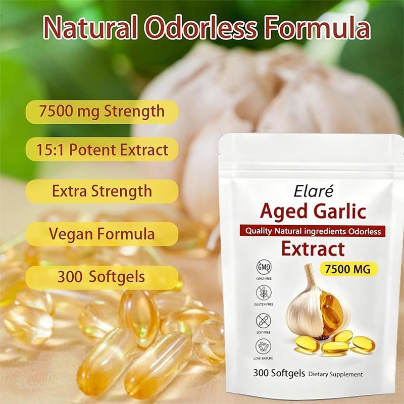 Elare Aged Garlic Extract, 300 Softgels, 7500mg Odorless | Heart & Immune Pack 1